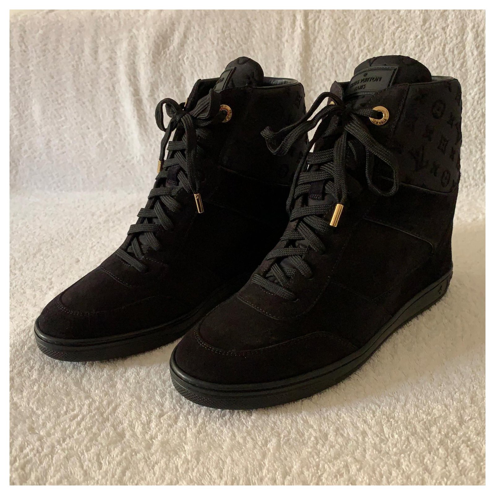 Louis Vuitton, Shoes, Louis Vuitton Black Leather And Embossed Monogram  Suede Millenium Wedge Sneakers