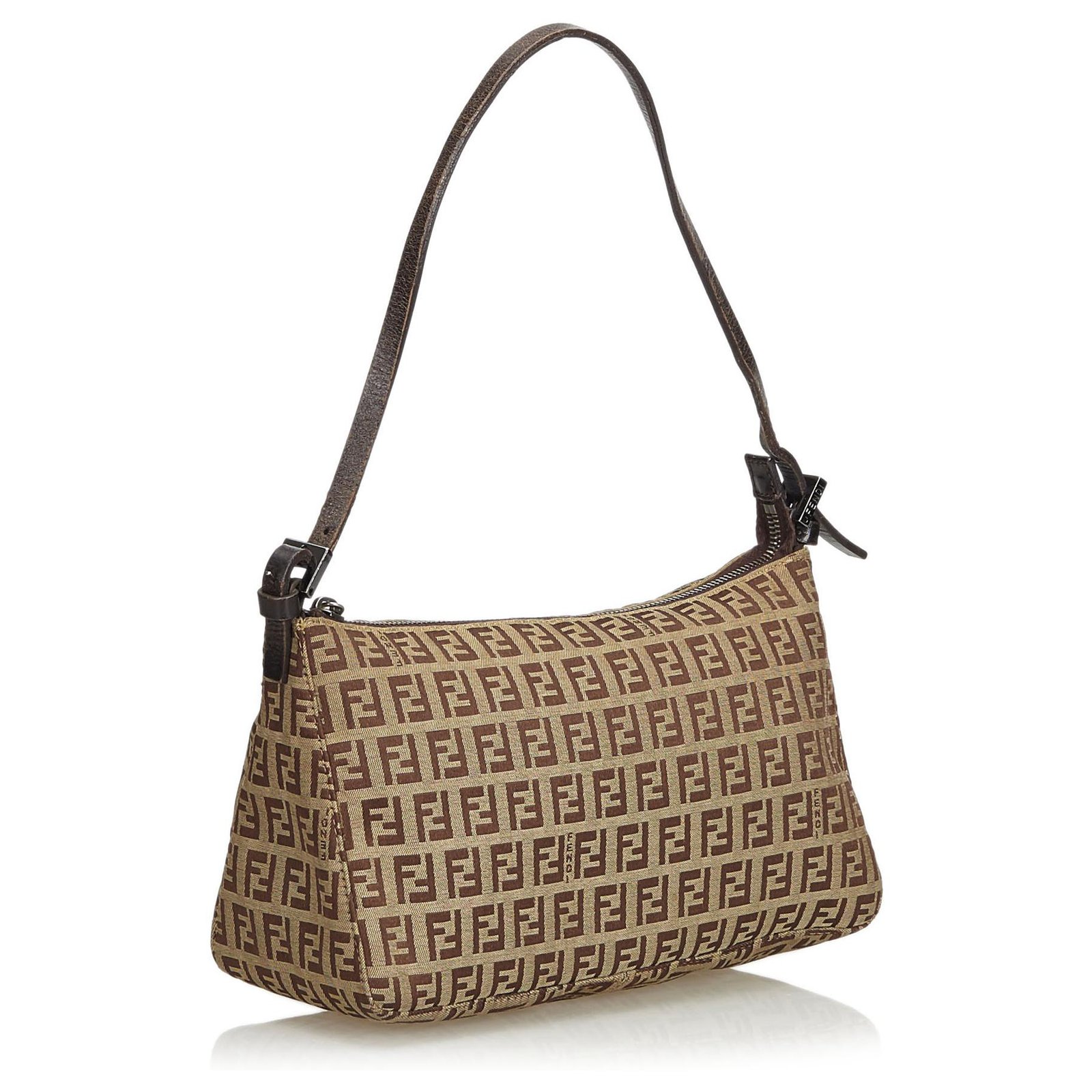 Fendi Brown Zucchino Jacquard Baguette Beige Dark brown Leather Cloth ...