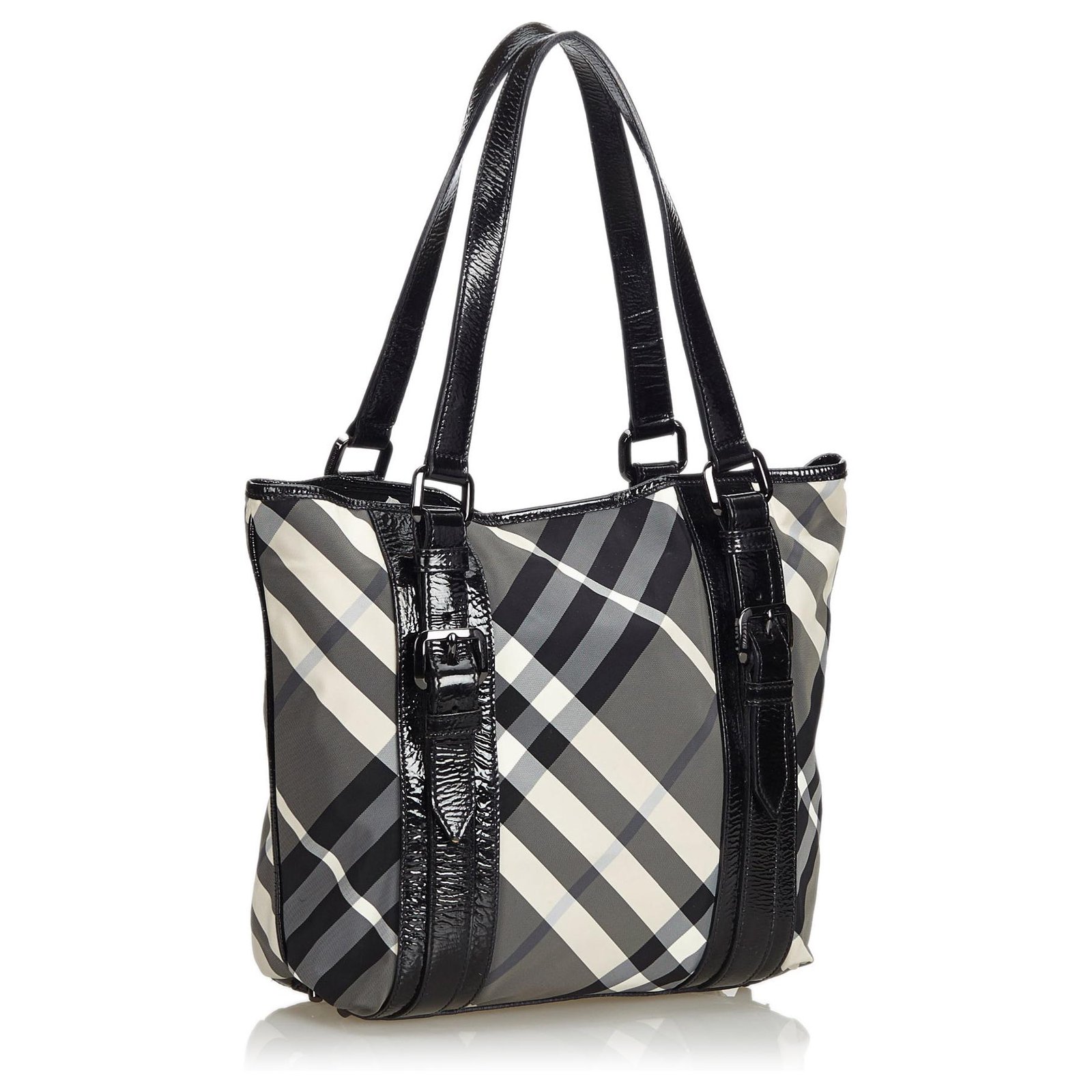 BURBERRY #38292 Black Beat Check Nylon and Patent Leather Penrose