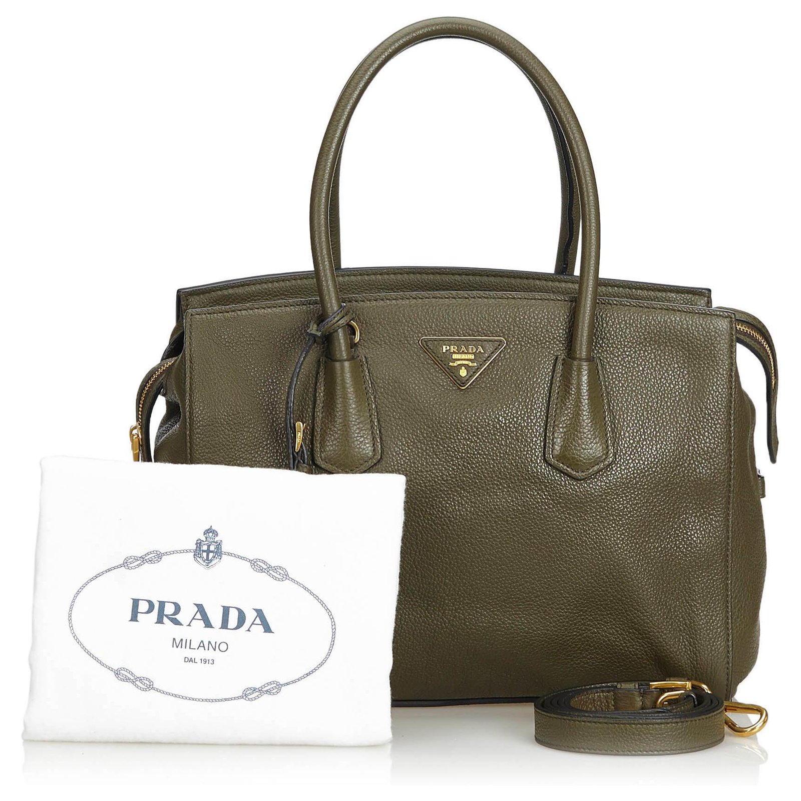 Prada Hand Shoulder Bag Purse Dark Green Leather Vitello Daino 129