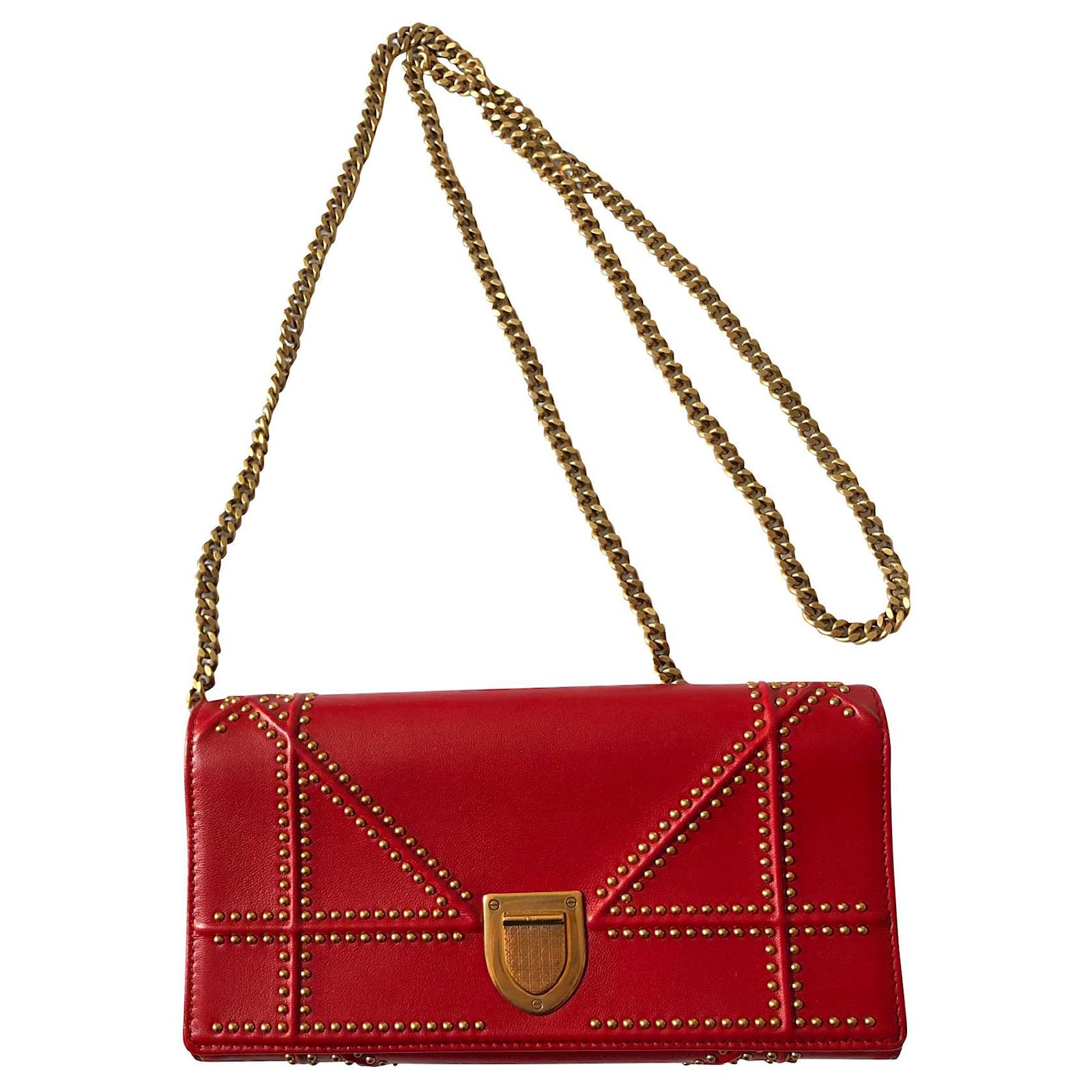 Christian Dior Diorama Studded Large wallet on chain red Leather ref