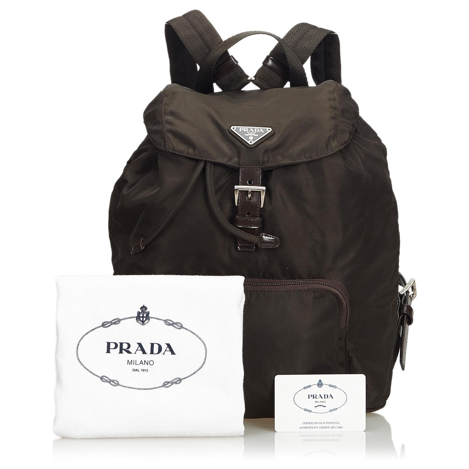 Prada Brown Nylon Drawstring Backpack Dark brown Leather Cloth  -  Joli Closet