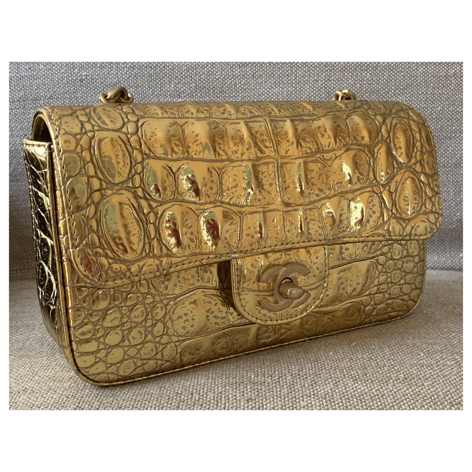 Chanel Metallic Gold Crocodile Embossed Gabrielle Medium Bag – The Closet