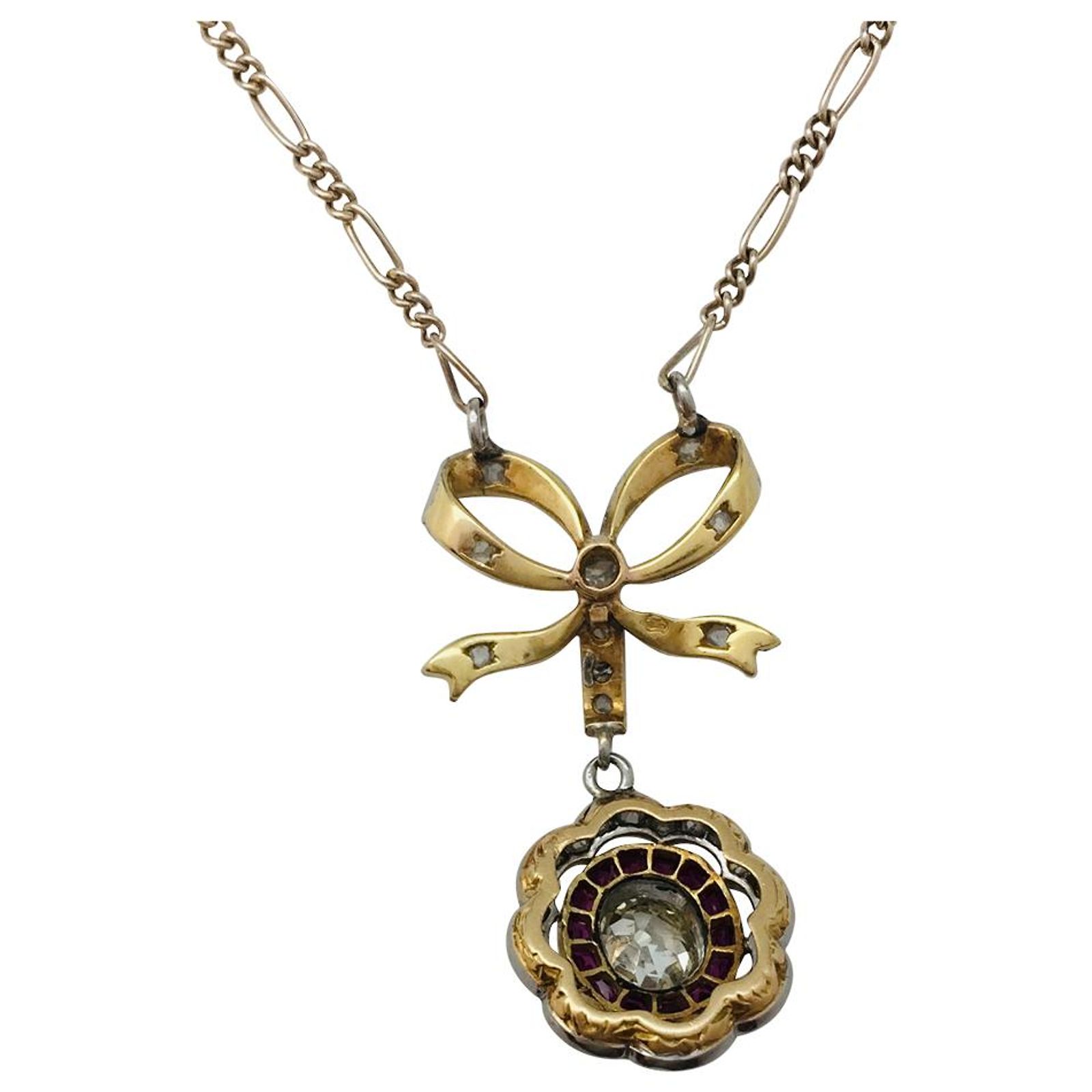 Pendentif Ancien En Or Jaune 14 Carats Avec Saphir Et Diamant - Style Italie Vintage