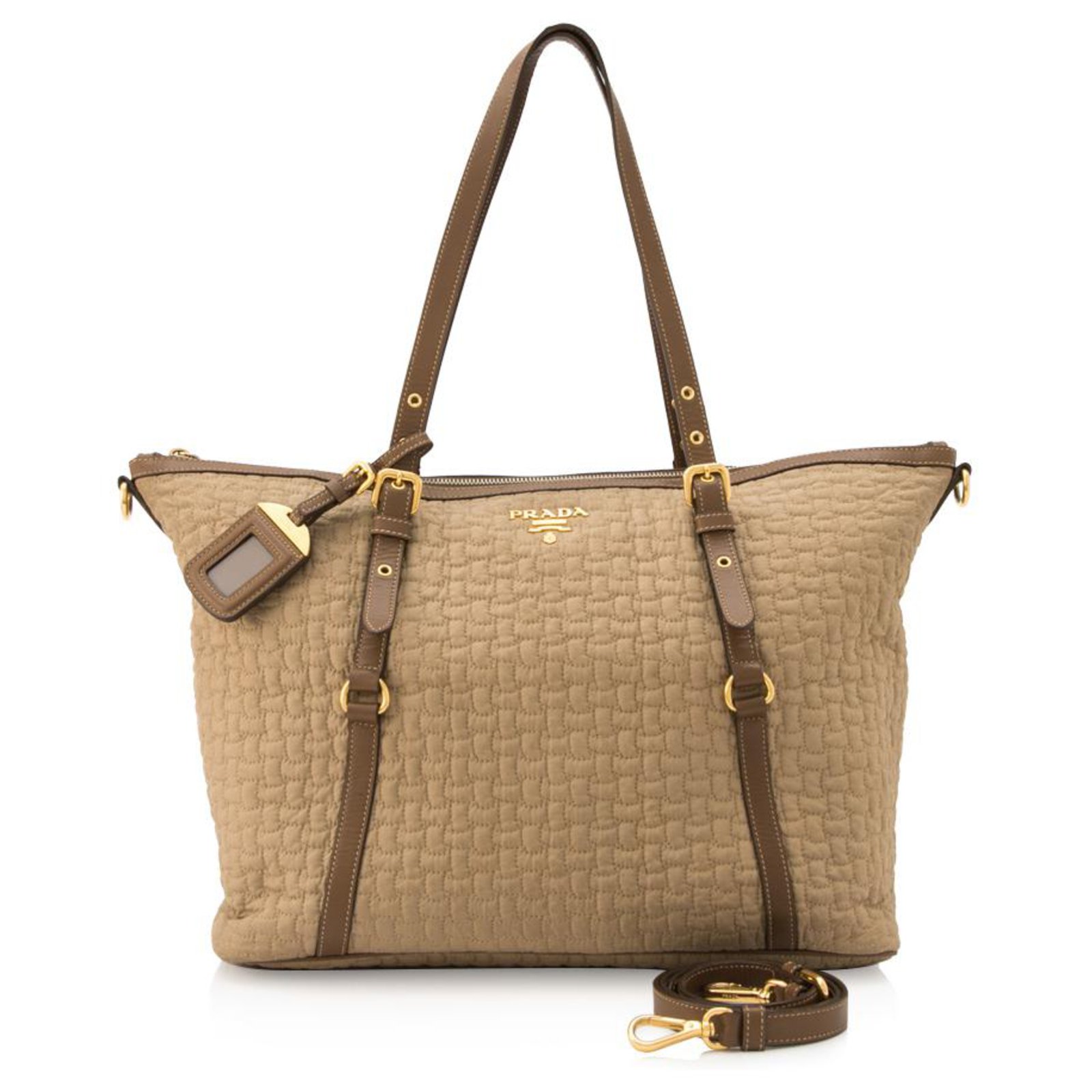 Prada Brown Quilted Cotton Satchel Beige Leather Cloth ref.133069 ...