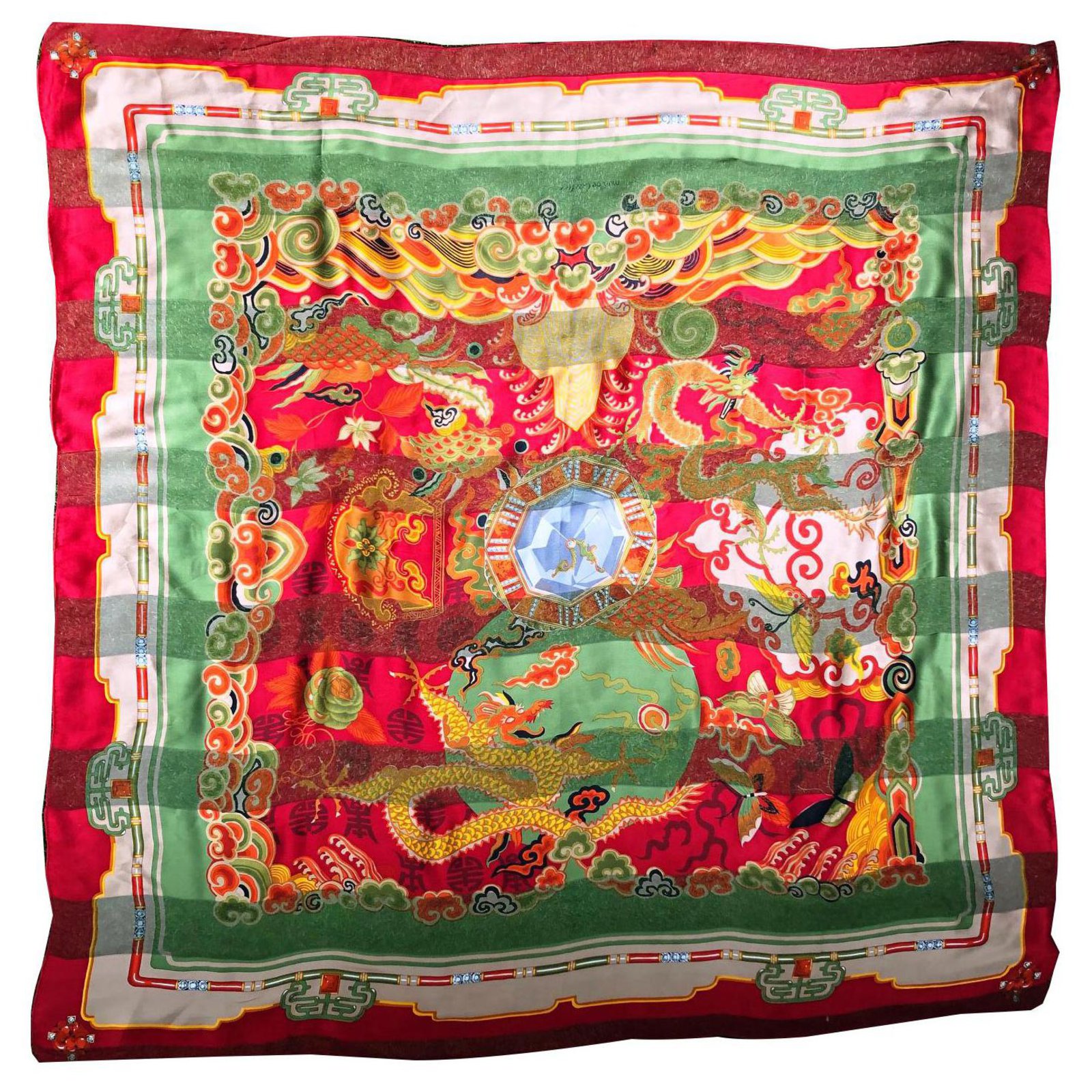 Very Large Cartier Scarf China 132 cm Red Green Silk ref.133118 - Joli ...