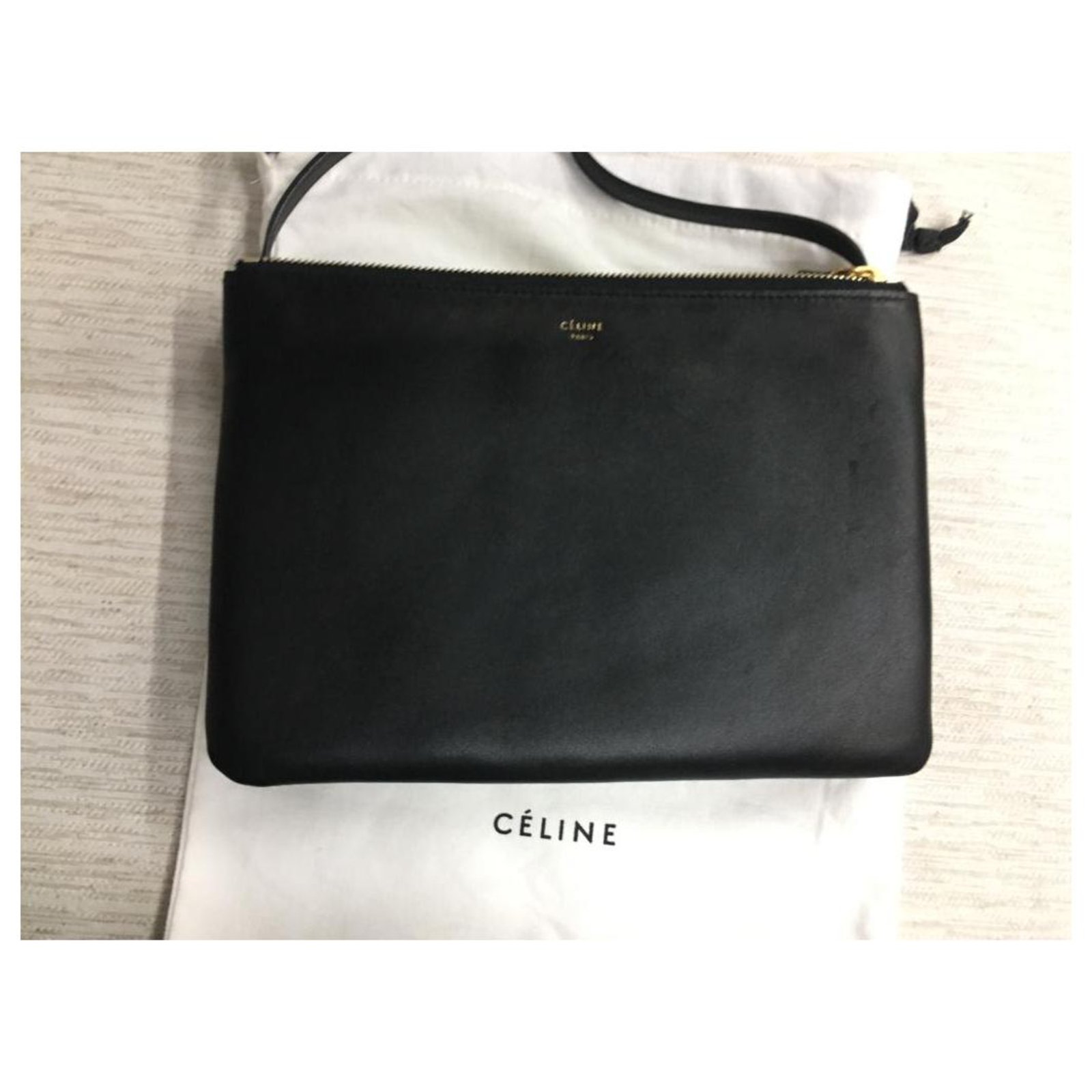 Celine Large Trio Crossbody Bag Black Leather