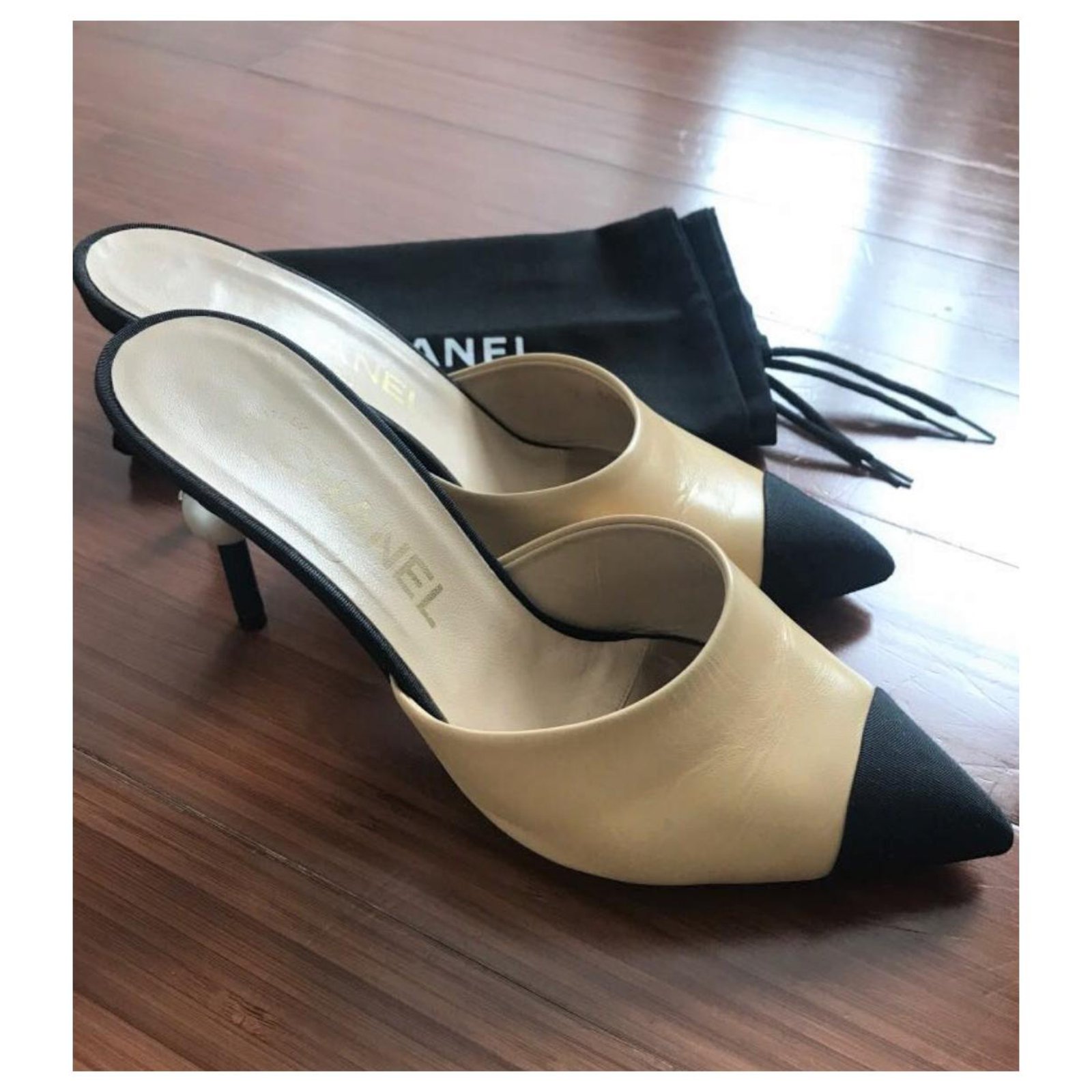 Chanel cap toe white patent leather pearl herl mules sz 39  eBay