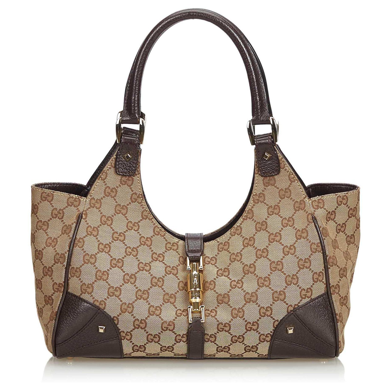 Gucci Brown GG Canvas Nailhead Jackie Shoulder Bag Beige Leather Cloth ...