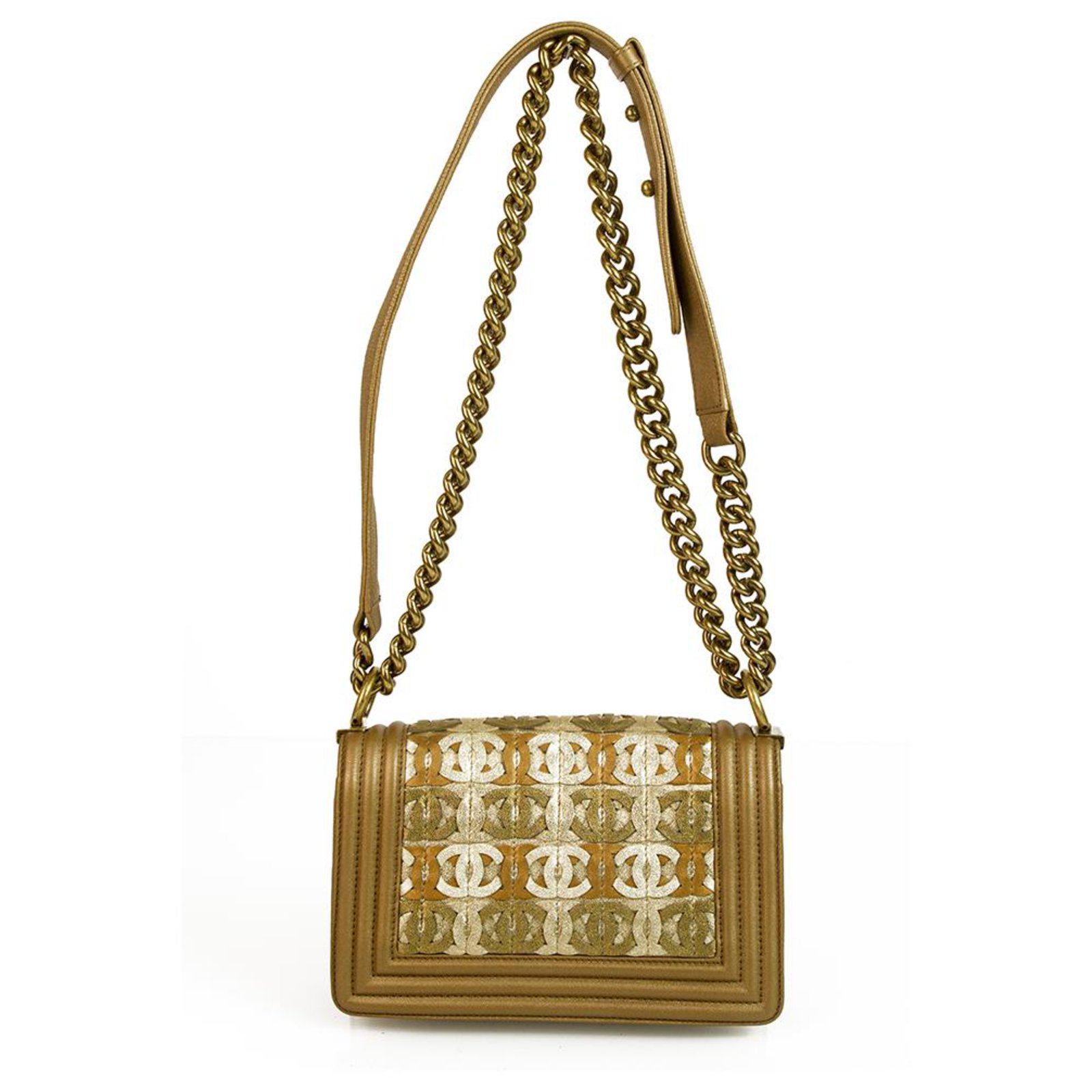 CHANEL, GOLD METALLIC LIMITED EDITION SMALL BOY BAG IN LAMBSKIN WITH CC CUT -OUT DETAILING AND GOLD TONE HARDWARE, 2015, Handbags and Accessories, 2020