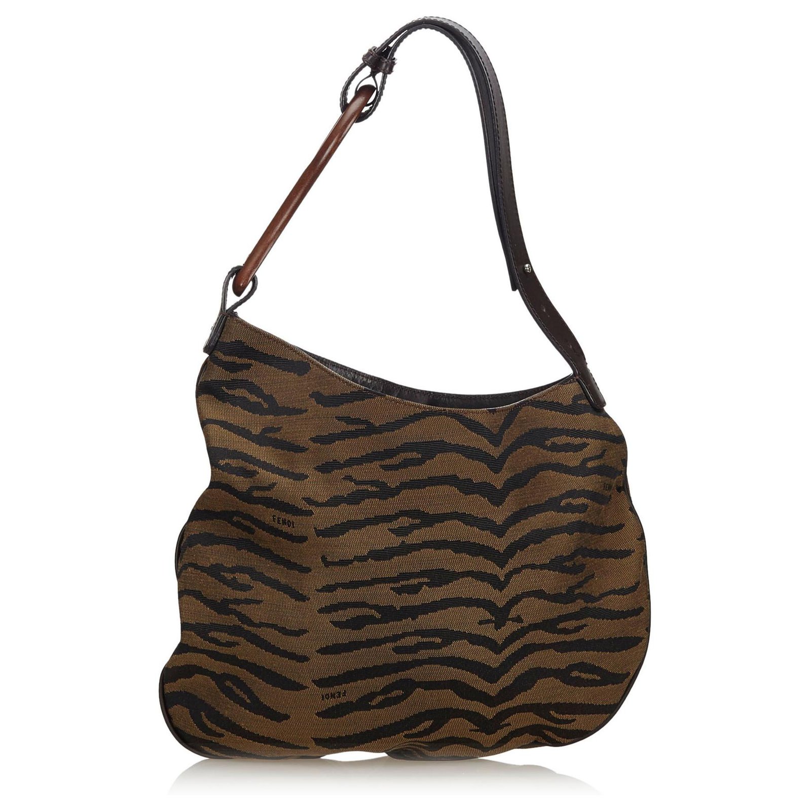 Fendi Brown Animal Printed Canvas Oyster Shoulder Bag Black Leather ...