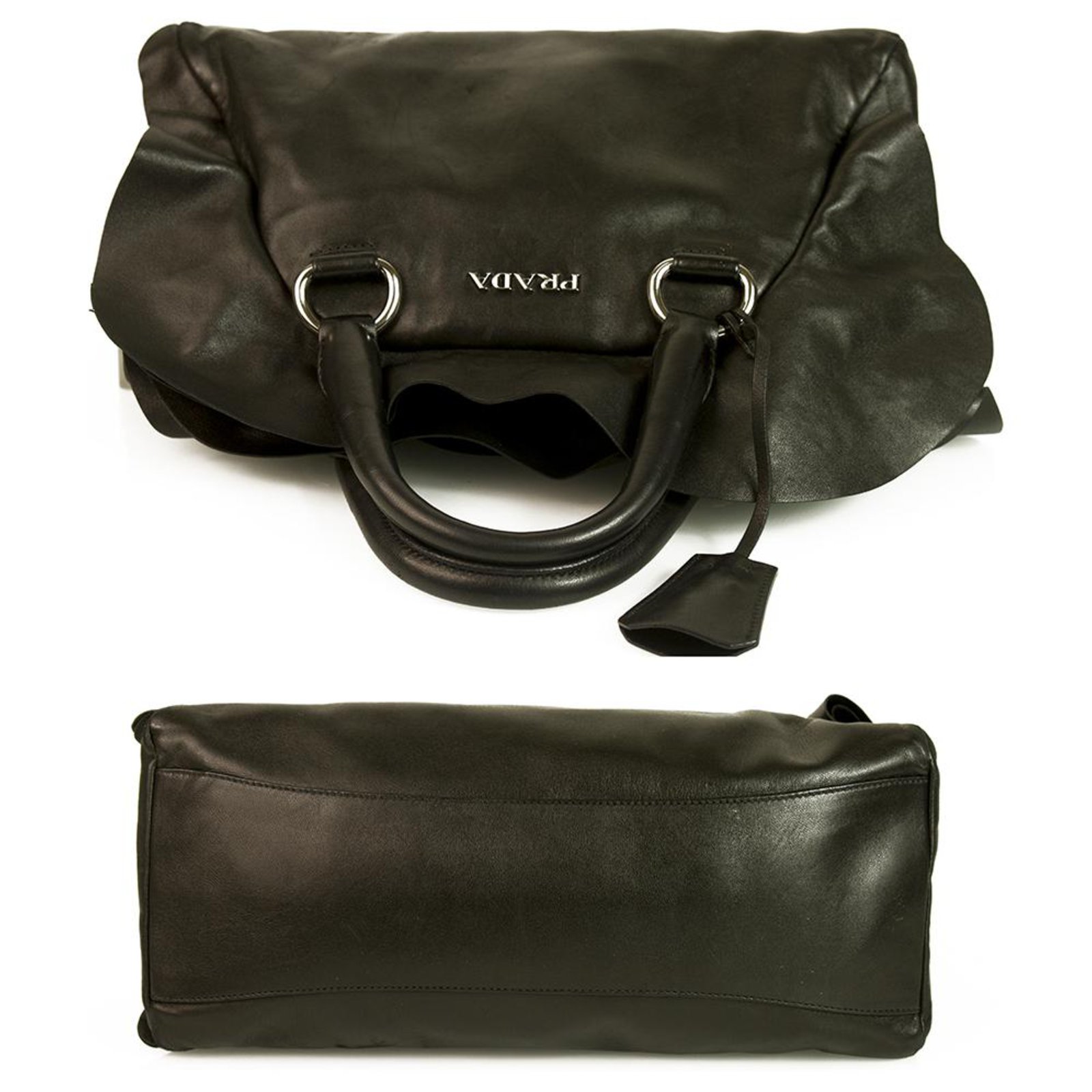 PRADA RUFFLE NAPPA BAULETTO BAG, black leather with silver tone hardware,  double top handles, zip closure at the top, pleated ruffled details at the  top, with authenticity card and dust bag, 40cm