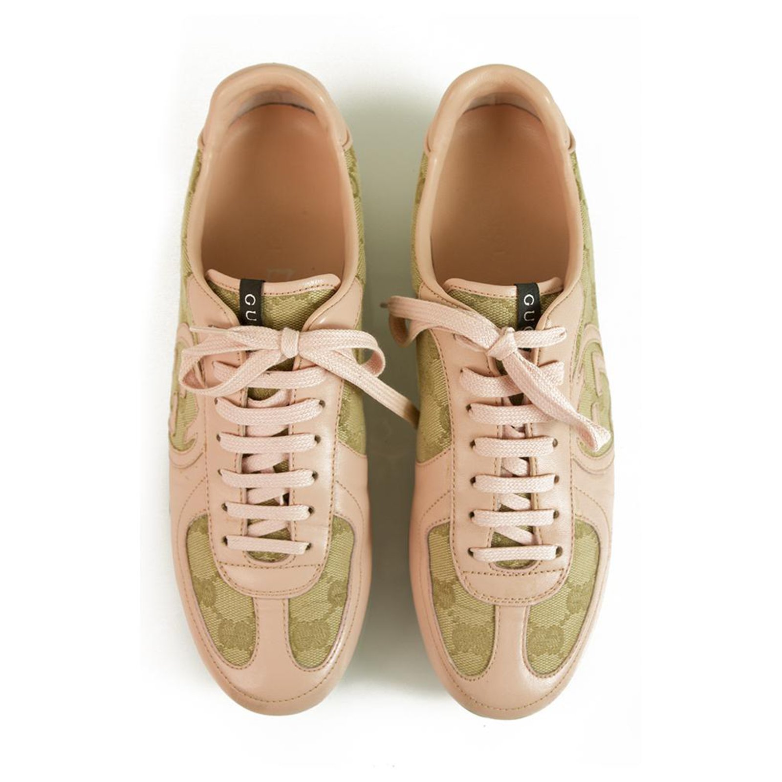 Gucci Pink Leather and GG monogram canvas designer sneakers