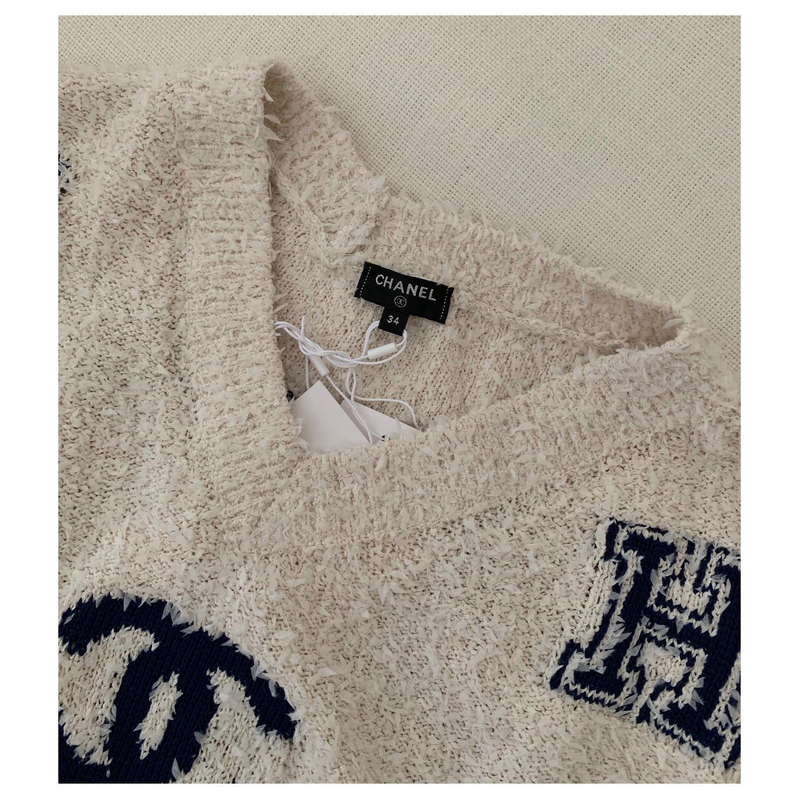 Chanel Varsity Iconic Logo Pullover Sweater Size 34 Beige Cotton ref ...
