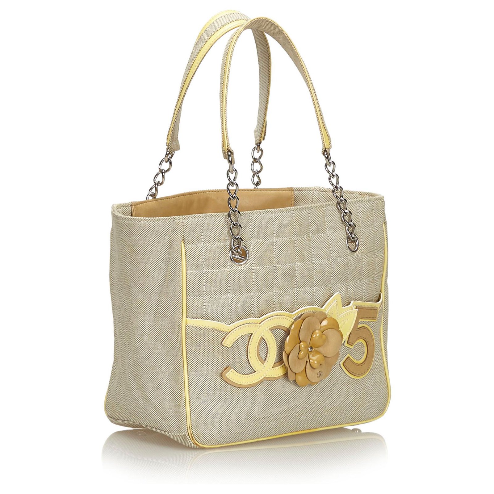 Chanel Gray Camellia CC No 5 Tote bag Grey Yellow Leather Patent