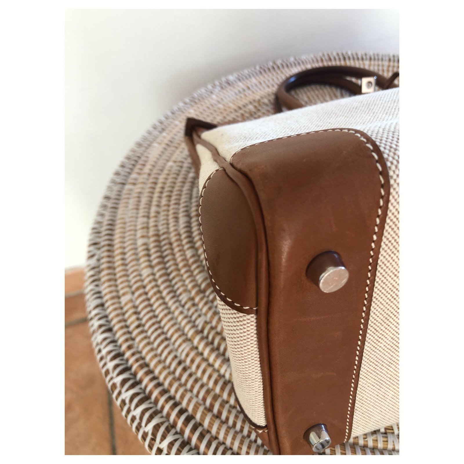 Hermès Hermes Birkin handbag 30 BARENIA LEATHER & OFFICER CANVAS ECRU BROWN  HANDBAG Cream ref.835048 - Joli Closet