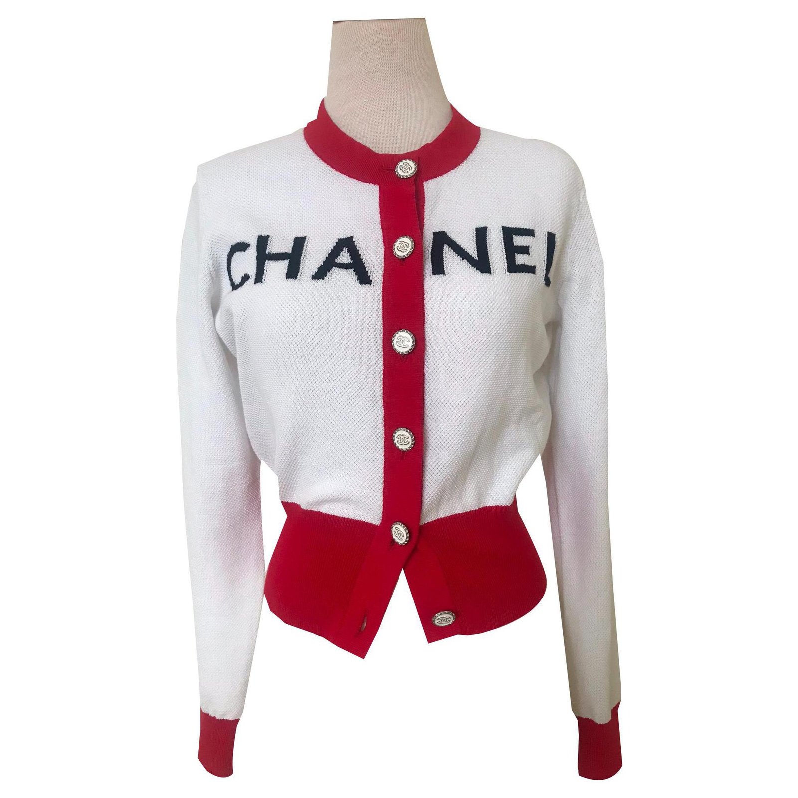 Chanel 2019 Red White Cardigan Cotton ref.139521 - Joli Closet