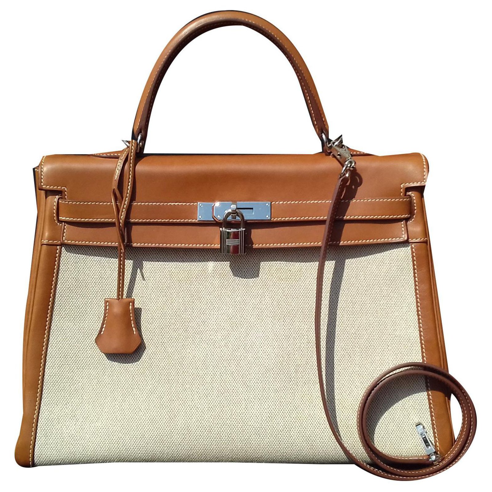 Sac ?� main Herm?�s Kelly 35 en toile et Cuir Barenia Phw Beige Caramel ref.139685 - Joli Closet