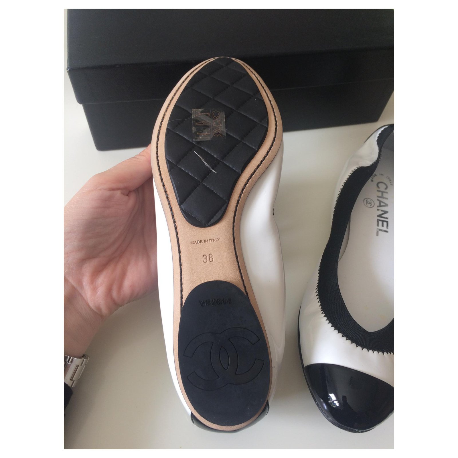 Chanel Ballet flats Black White Patent leather Python ref.555139