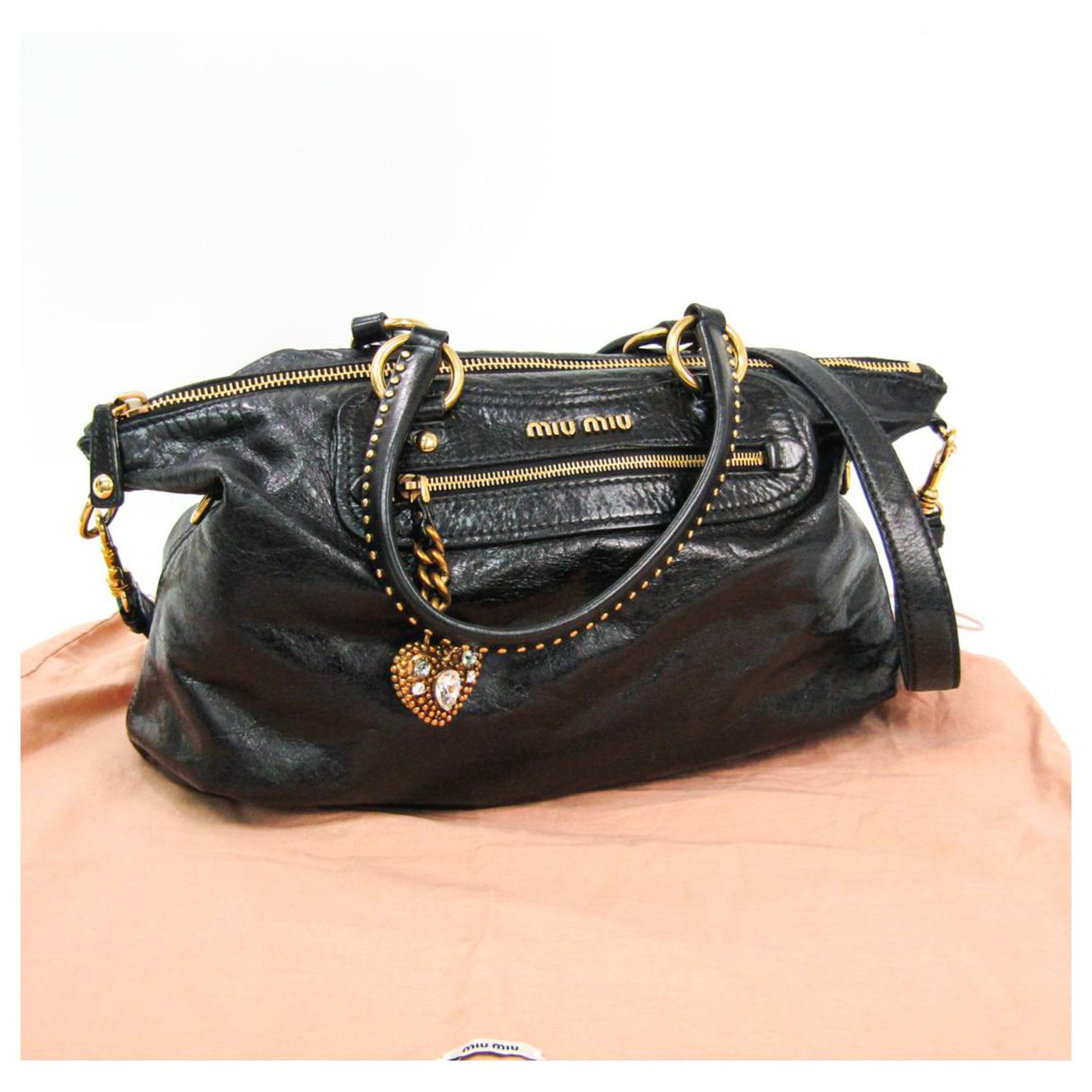 Miu Miu Black Vitello Shine Satchel Golden Leather Metal Pony