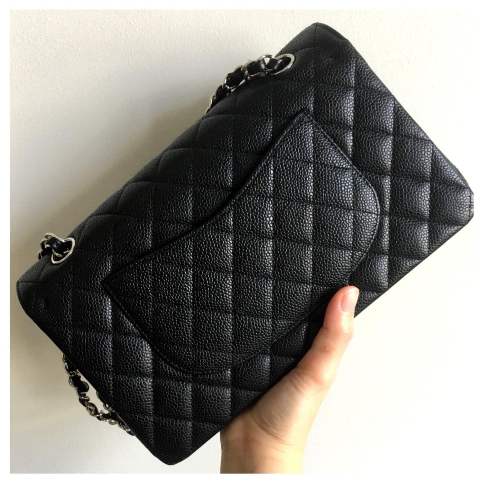 Timeless Chanel black caviar medium classic flap bag SHW Leather