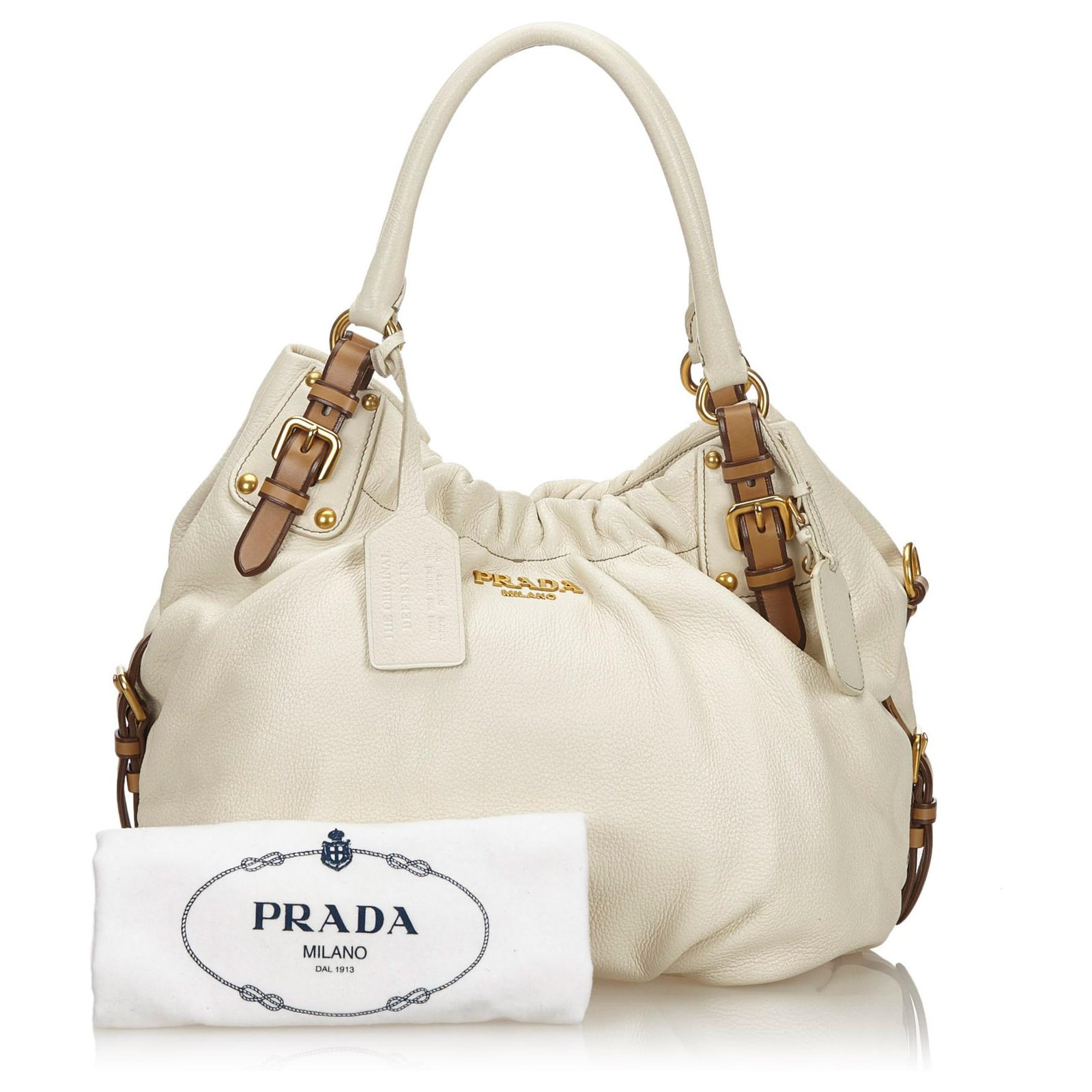 Prada White Vitello Daino Shoulder Bag Brown Beige Leather  -  Joli Closet