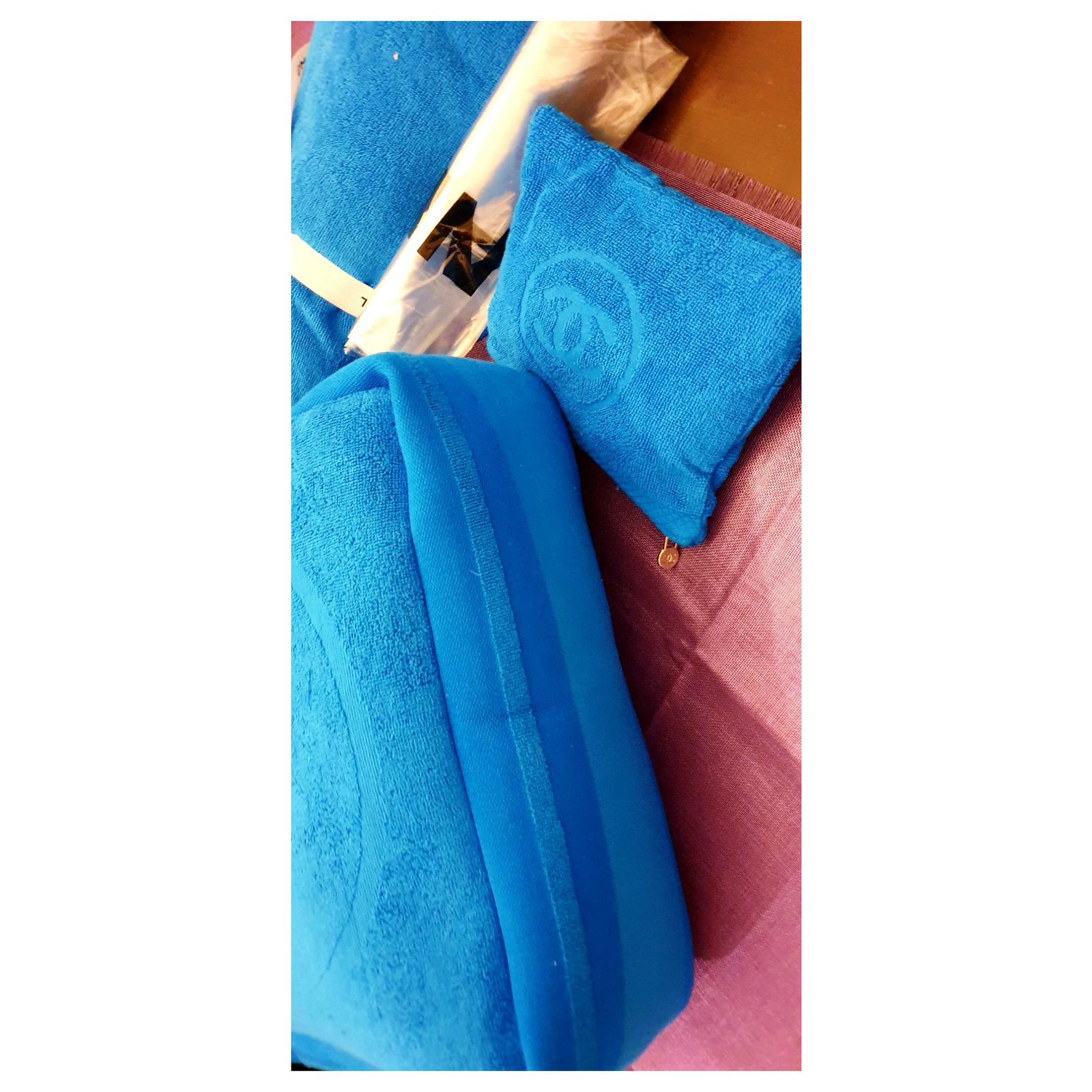 Bag + towel Chanel beach Navy blue Turquoise Cotton ref.142450 - Joli Closet