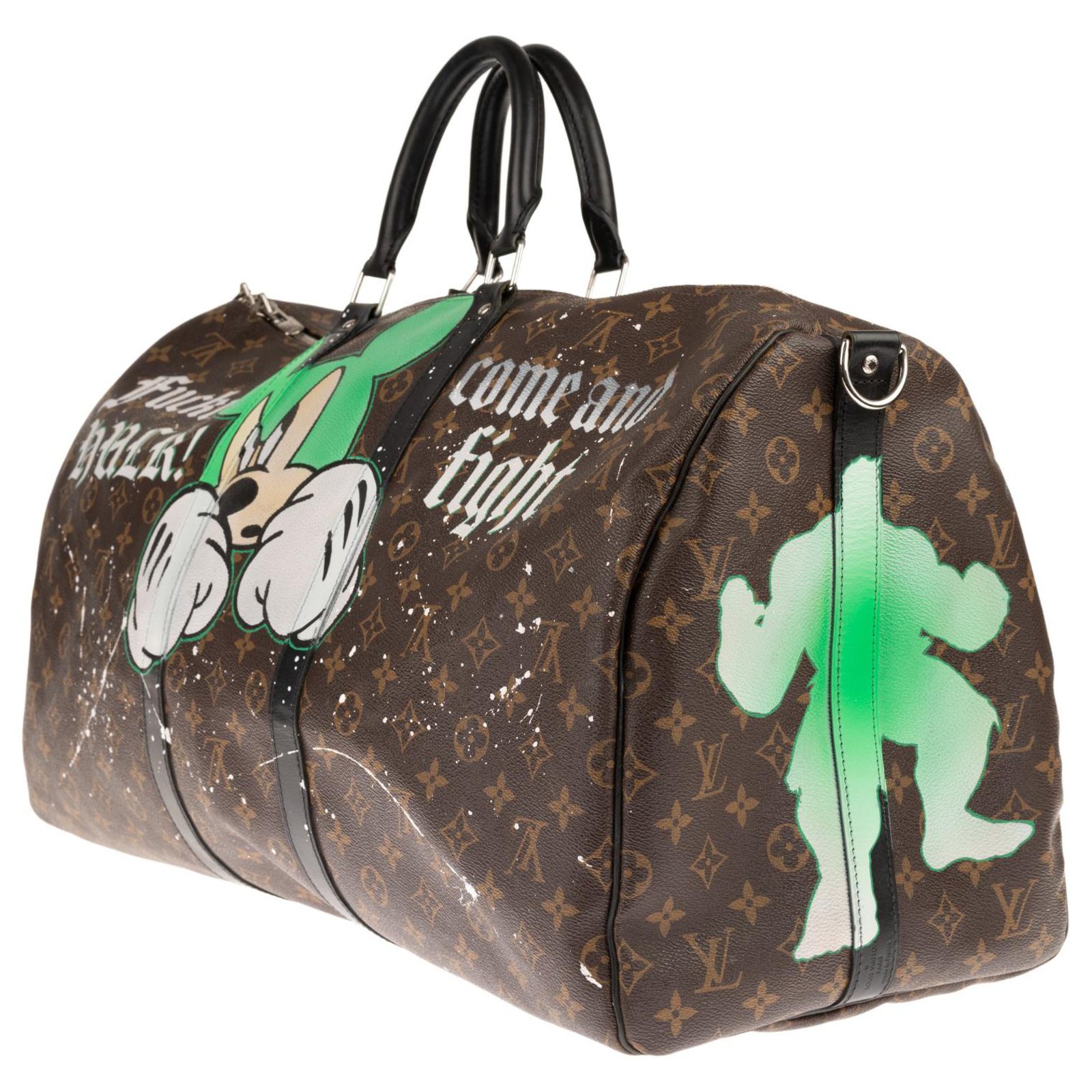 Sublime and unique Louis Vuitton Keepall Travel / Sports Bag 55 Canvas  Monogram Customized Mickey Vs Hulk by PatBo Brown Green Leather Cloth  ref.146455 - Joli Closet
