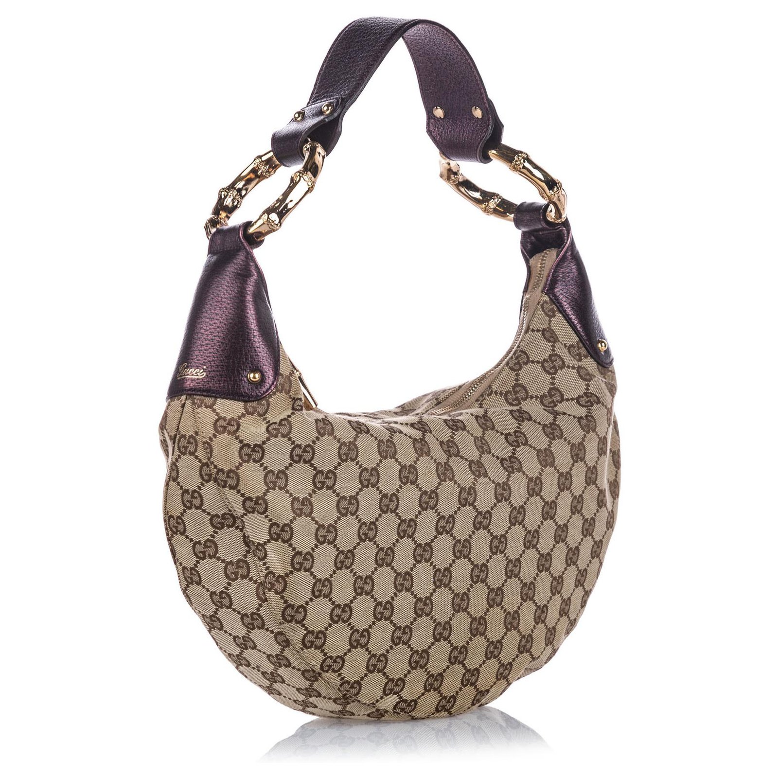 Gucci Brown GG Canvas Bamboo Ring Hobo Bag Beige Purple Leather