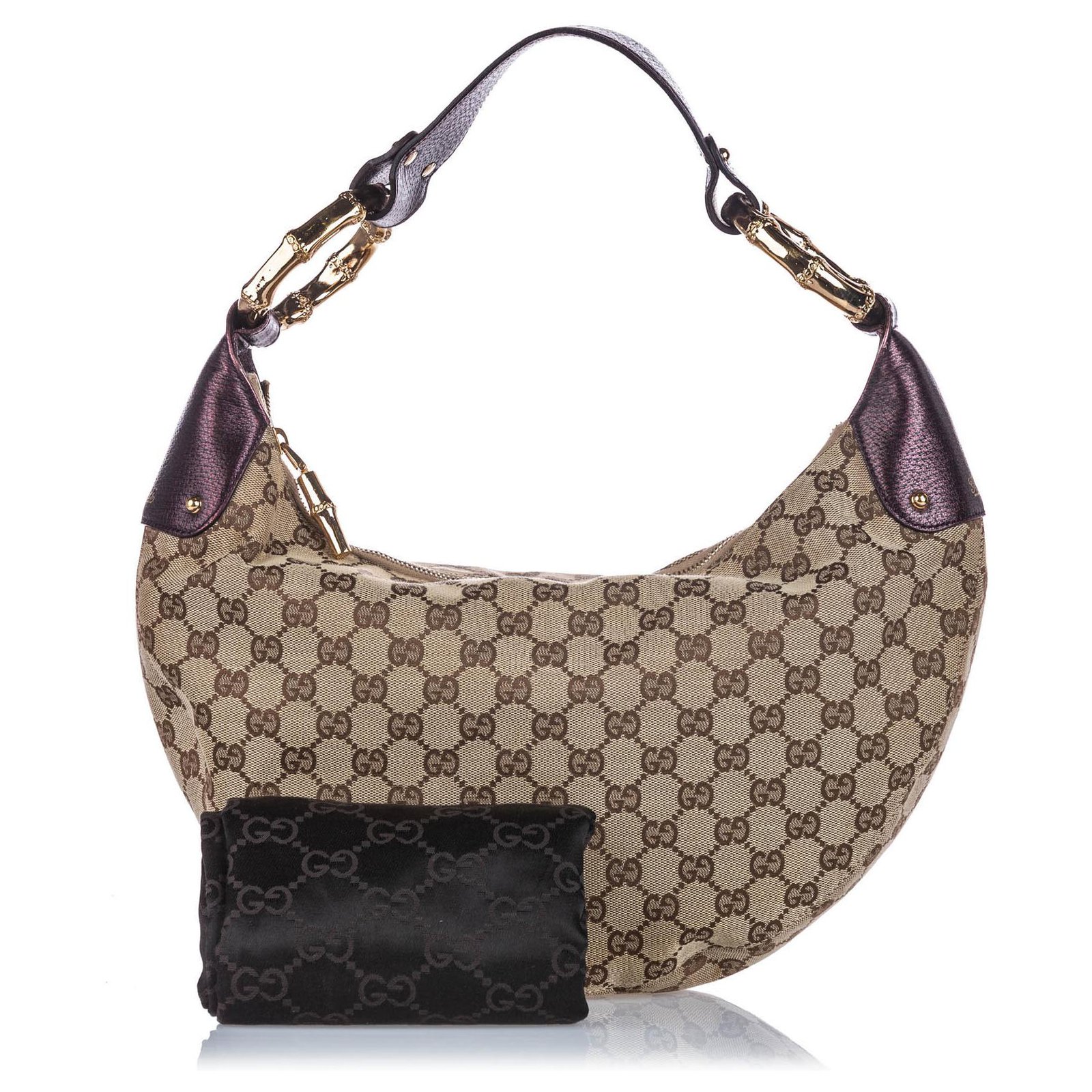 Gucci Brown GG Canvas Bamboo Ring Hobo Bag Beige Purple Leather