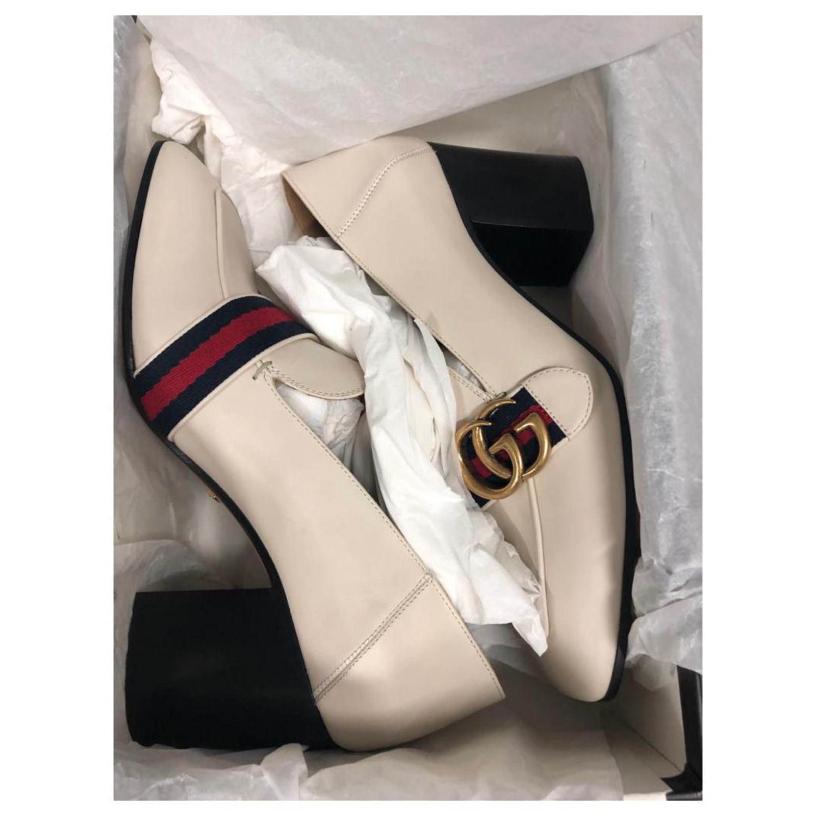 Gucci mid heel hot sale loafer white