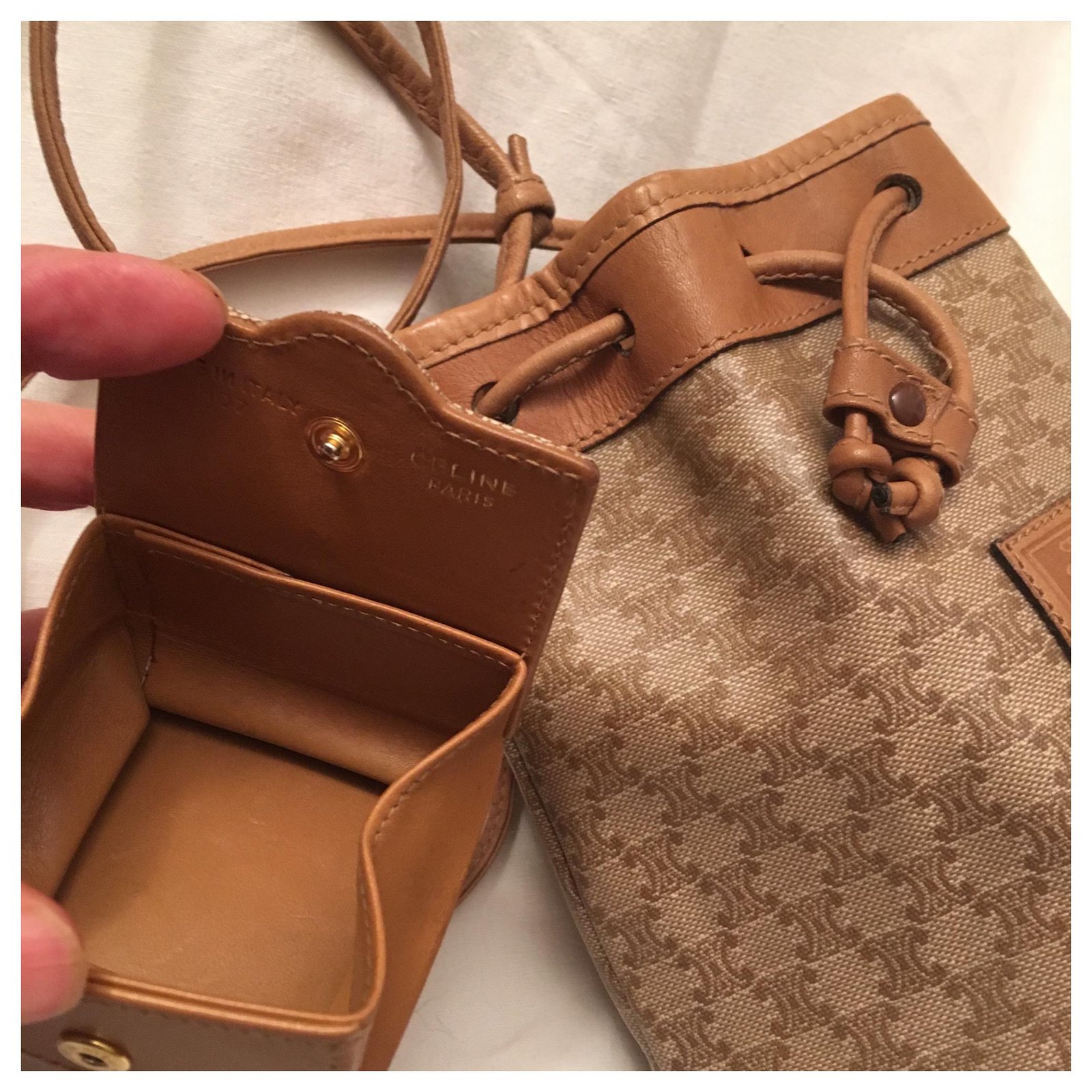 Céline Bourse + Portemonnaie Cuir Toile Beige Caramel ref.149603