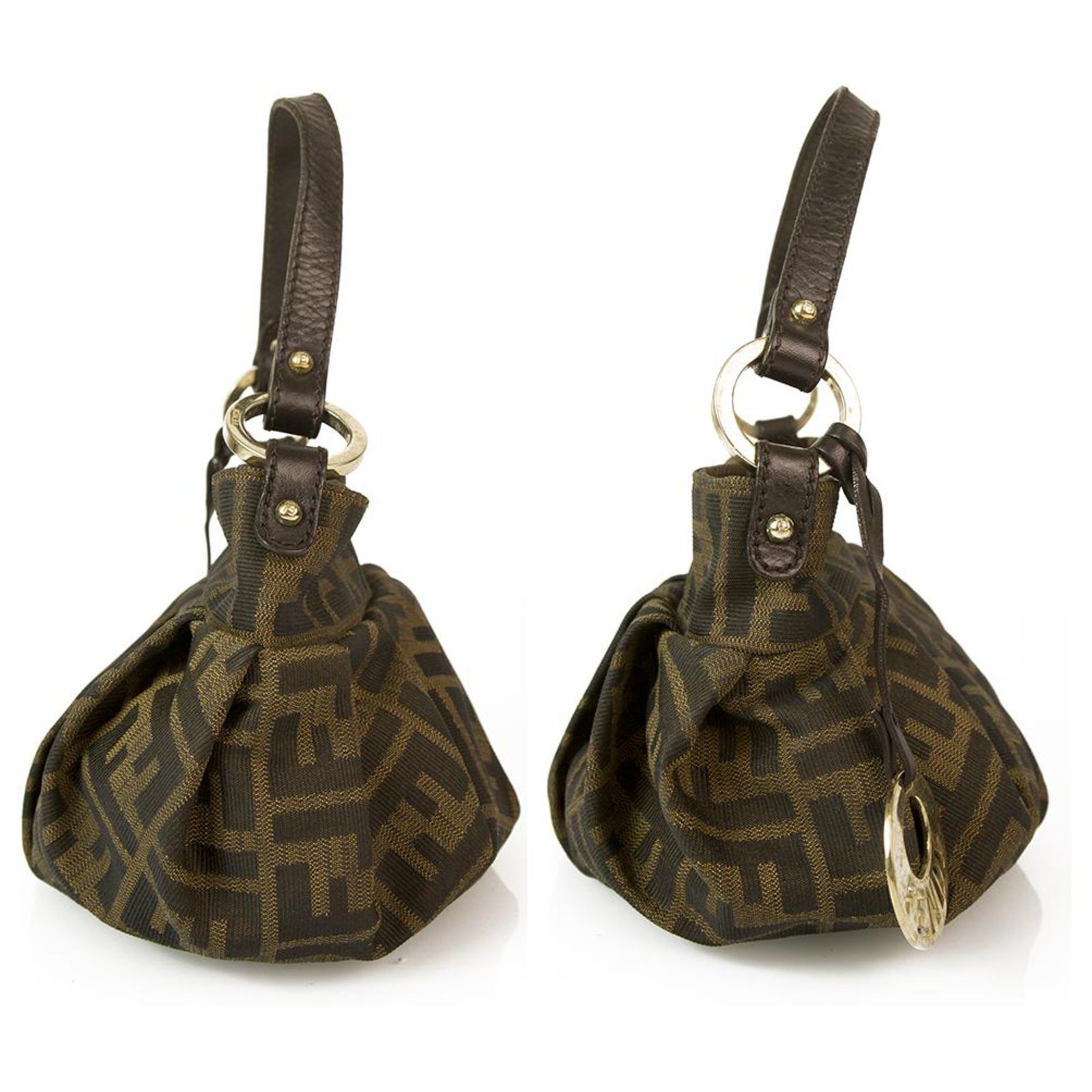 Fendi Zucca monogram canvas & brown leather mini bucket bag pouch