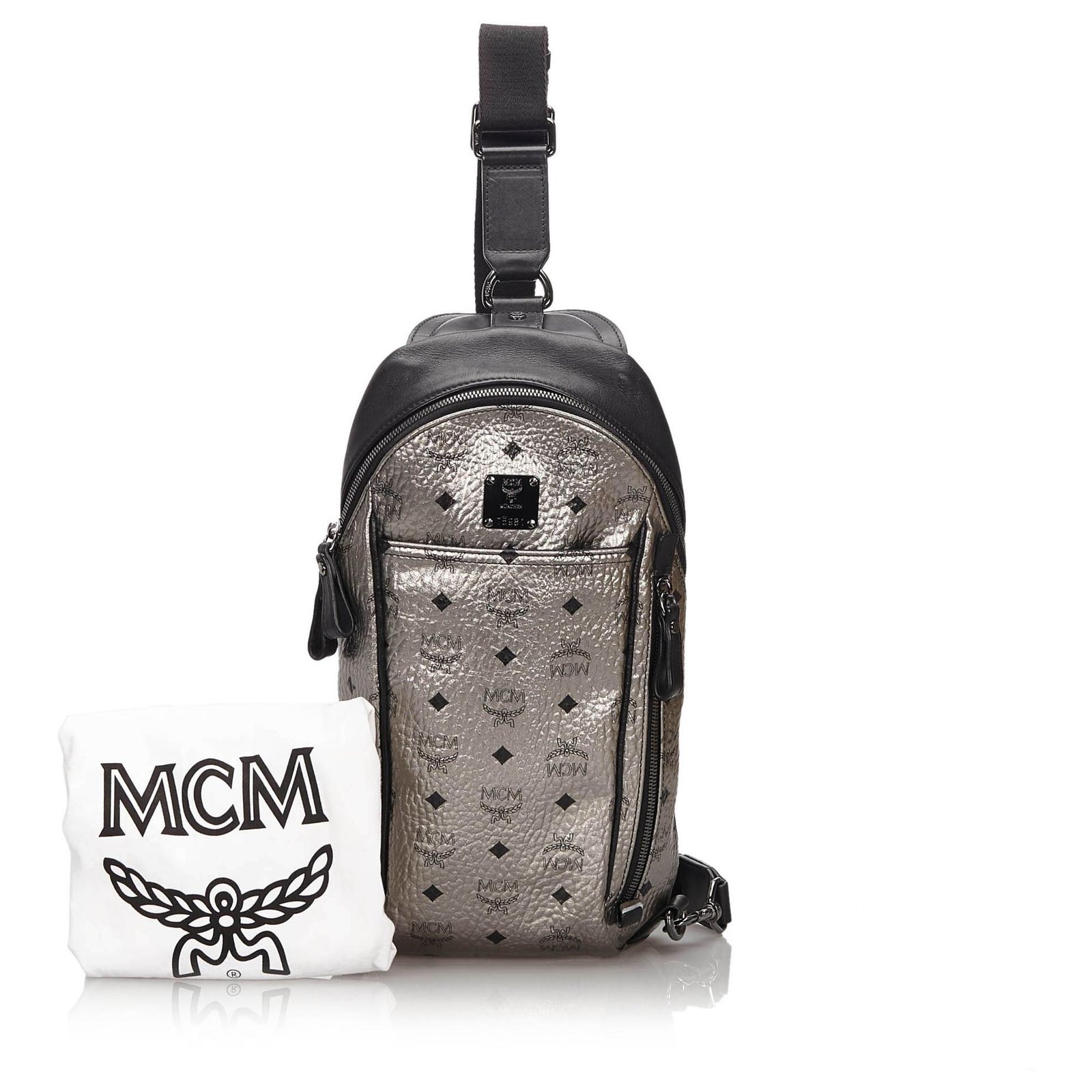 MCM Silver Visetos Stark Sling Backpack Black Silvery Leather ref
