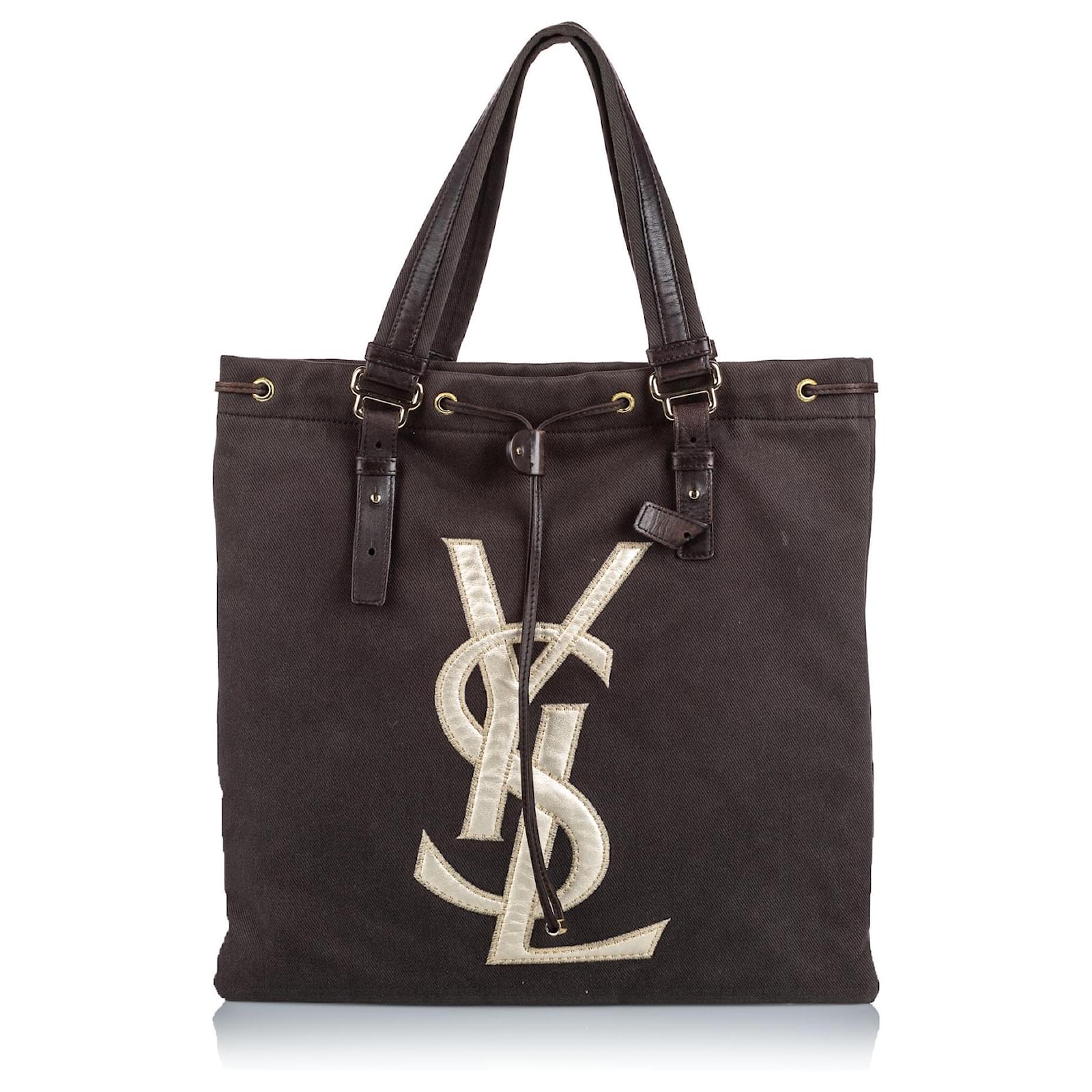 Yves Saint Laurent Sac cabas en toile Kahala YSL marron Cuir Tissu Doré Marron foncé ref.153975