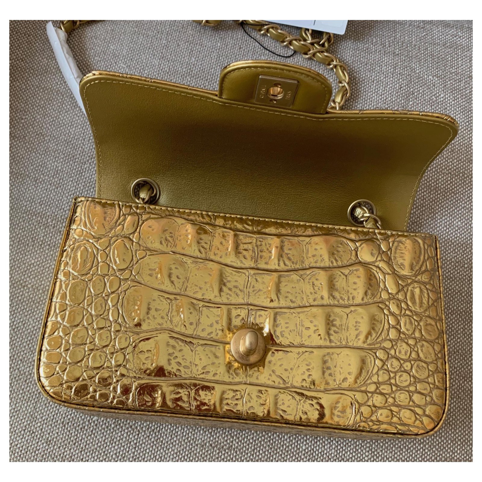 Chanel Flap Bag Metallic Crocodile Emobssed Calfskin Gold-tone