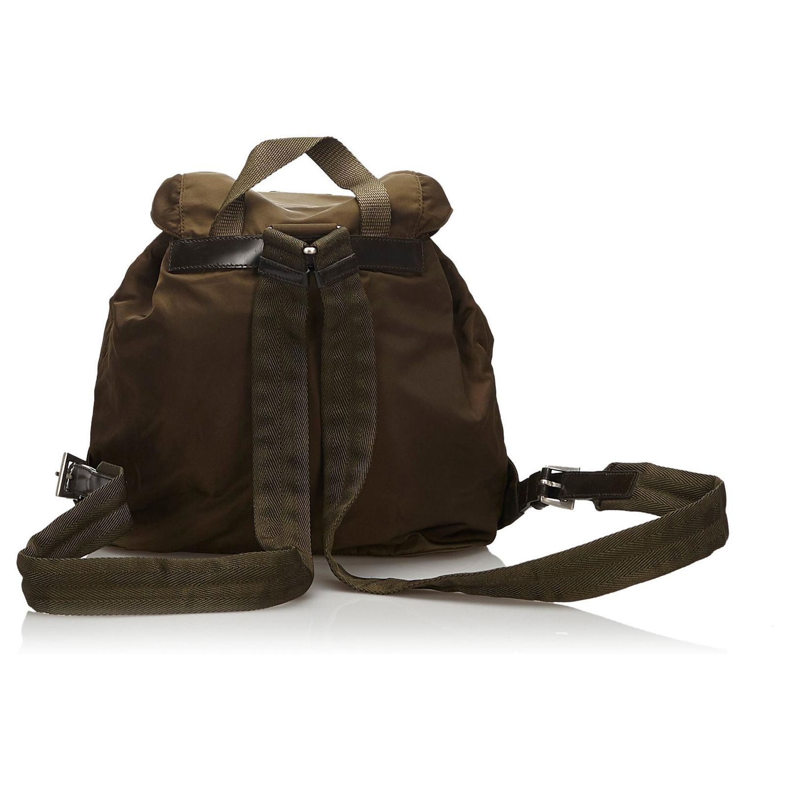 Prada Brown Nylon Drawstring Backpack Black Khaki Leather Cloth 