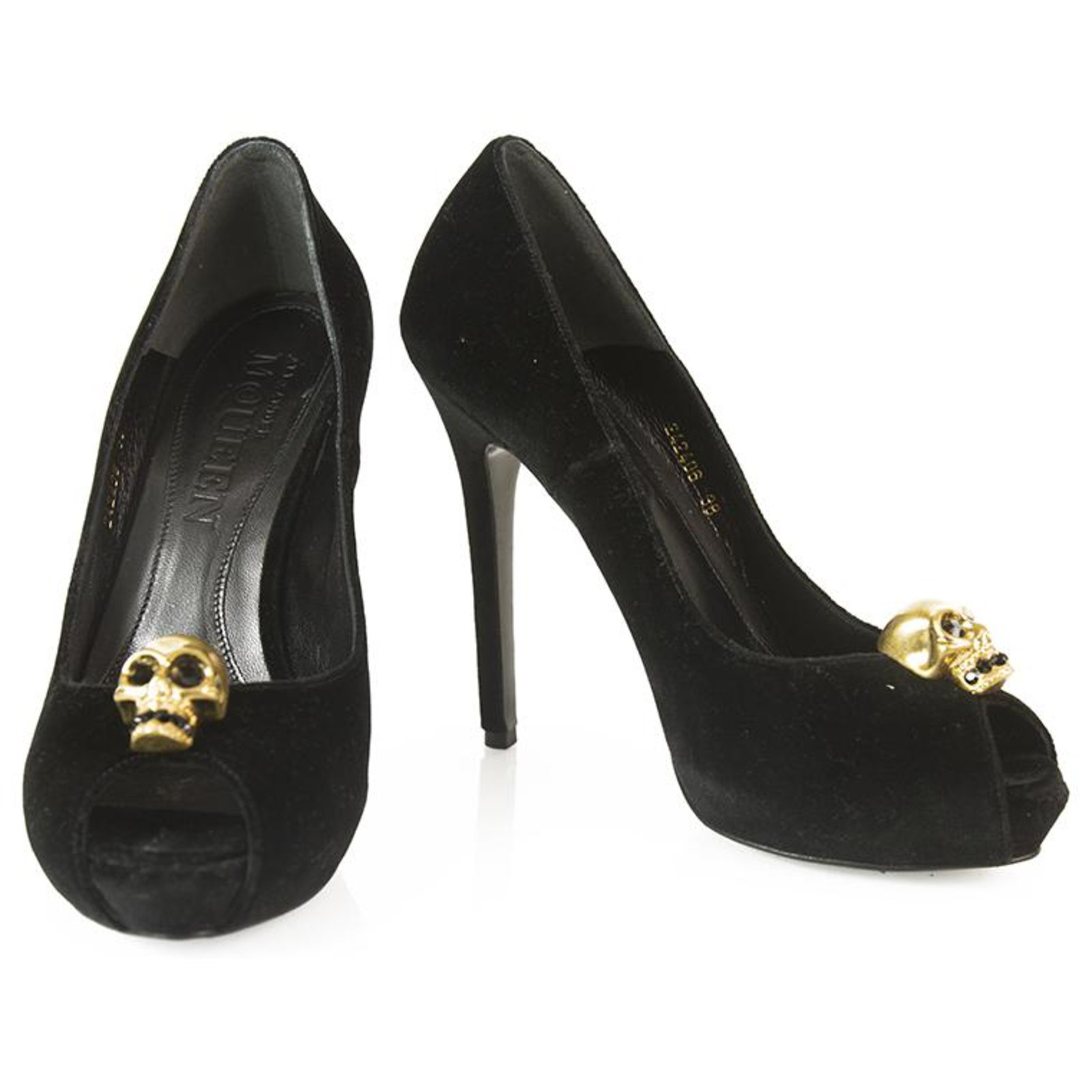 Alexander McQueen Gold Skull Peep Toe Pumps in Black Leather ref