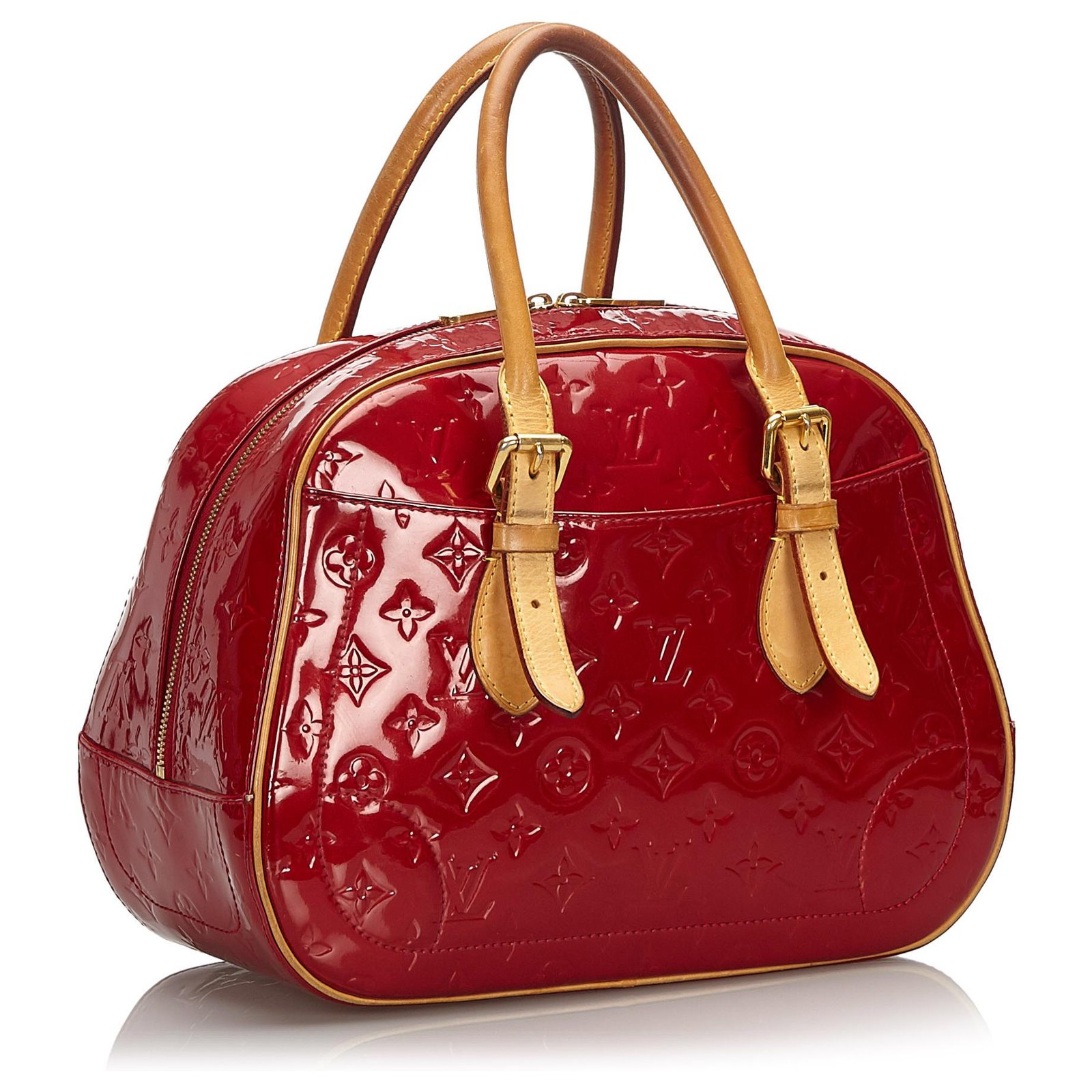 Auth Louis Vuitton Vernis Leather Summit Drive Boston Bag Red