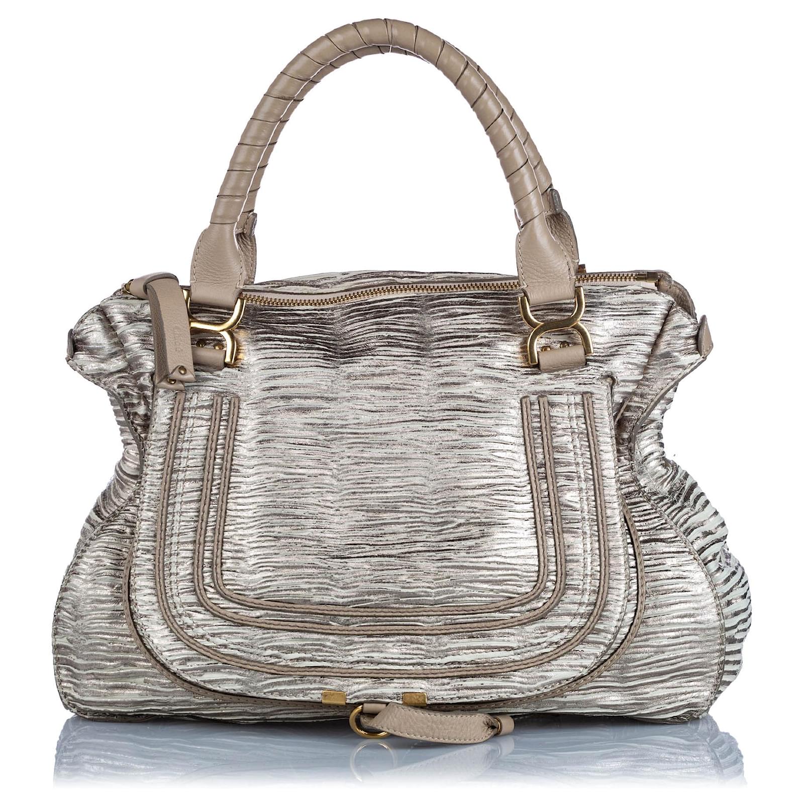 Sac à Main Cole Haan En Cuir Vieilli Argenté - Grand Modèle - Fermeture Aimant - Occasion