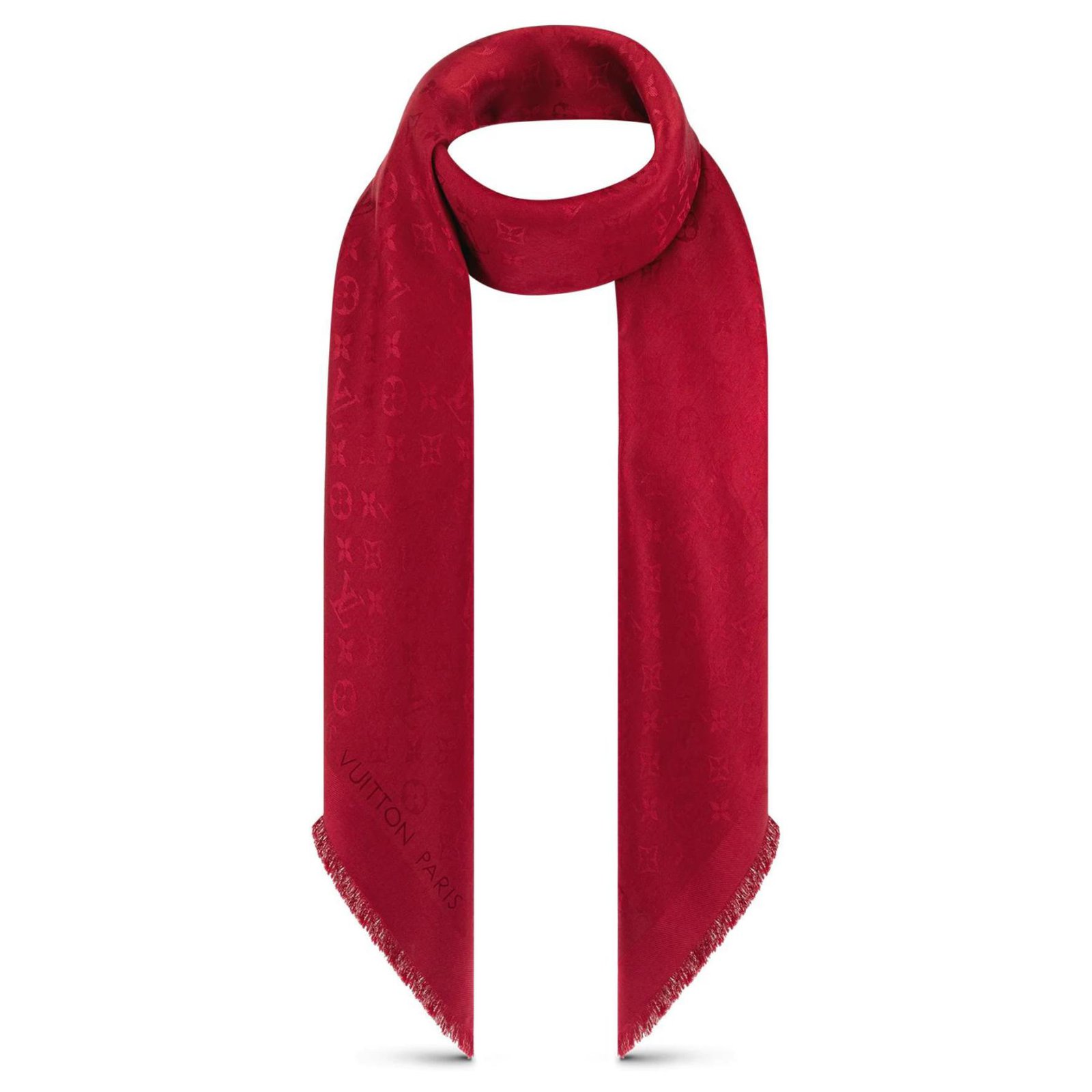 Louis Vuitton Embossed Fringed Scarf in Red Wool ref.960244 - Joli Closet