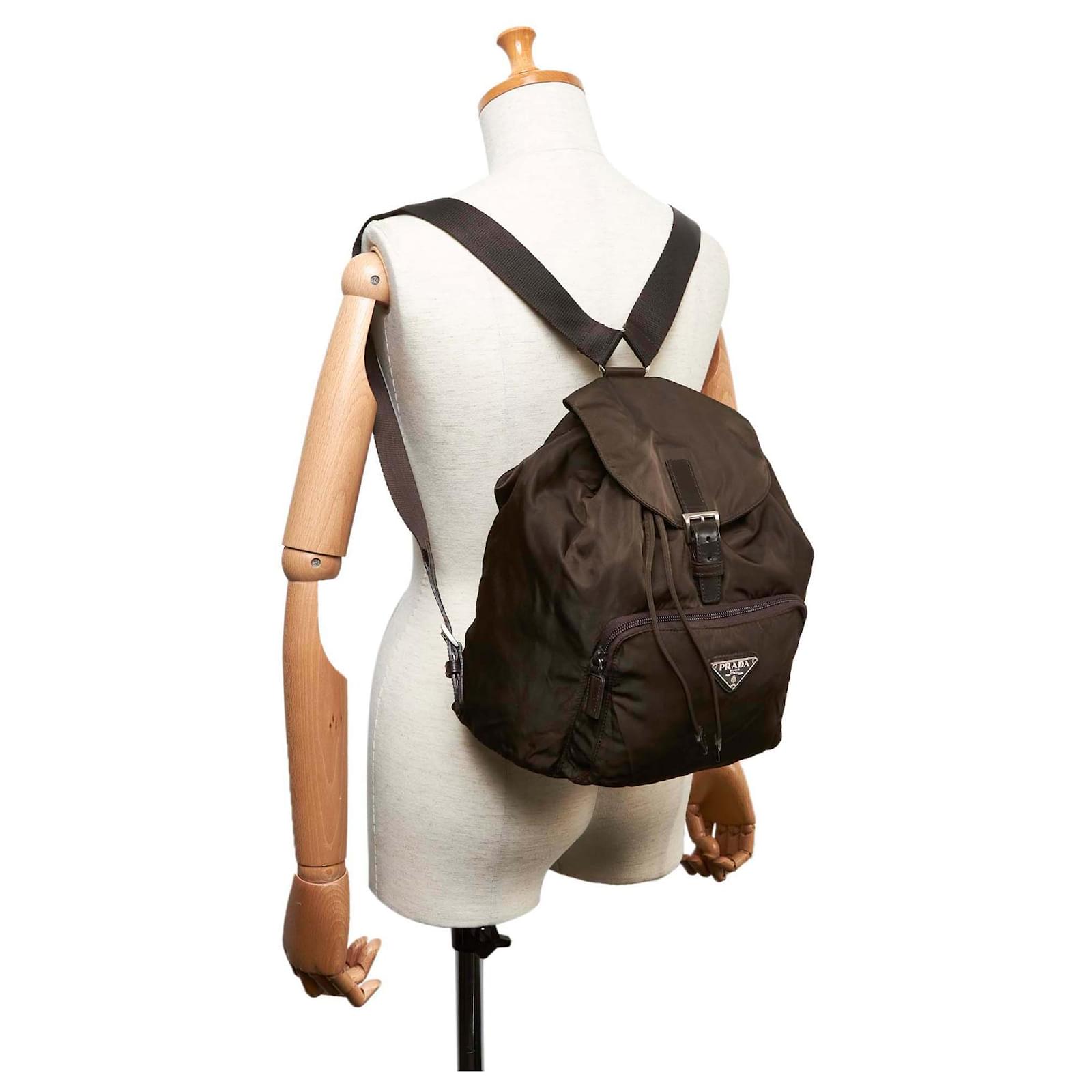 Prada Brown Tessuto Drawstring Backpack Khaki Leather Nylon Cloth