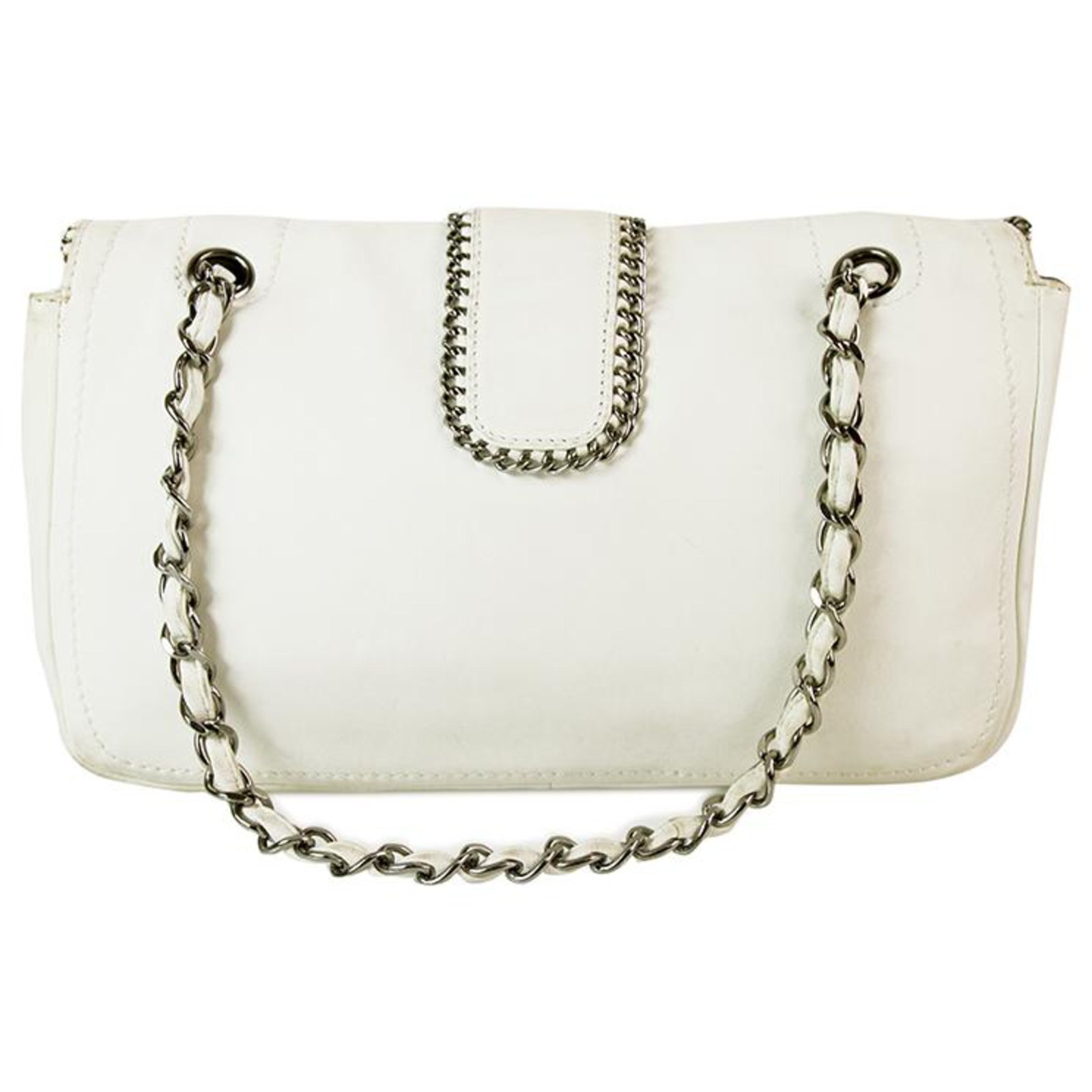 Chanel White Leather Chain Around Single Flap Bag with gunmetal hardware