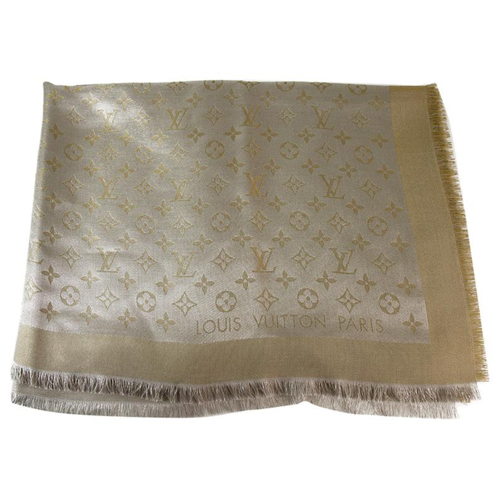Louis Vuitton monogram Shine Greige with gold shawl weaved jacquard silk  M75121 Golden Grey Polyester Wool Viscose ref.159626 - Joli Closet