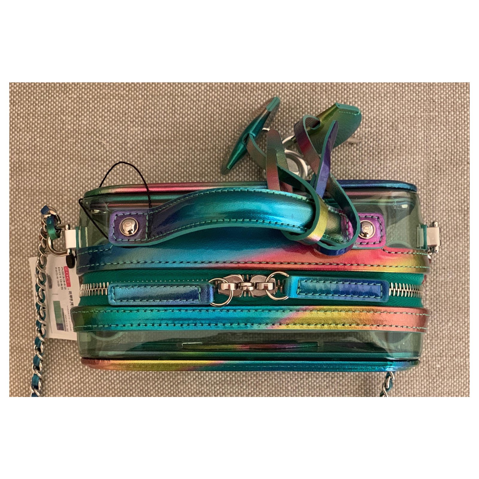 Small Green PVC Vanity Case with Rainbow Patent Leather