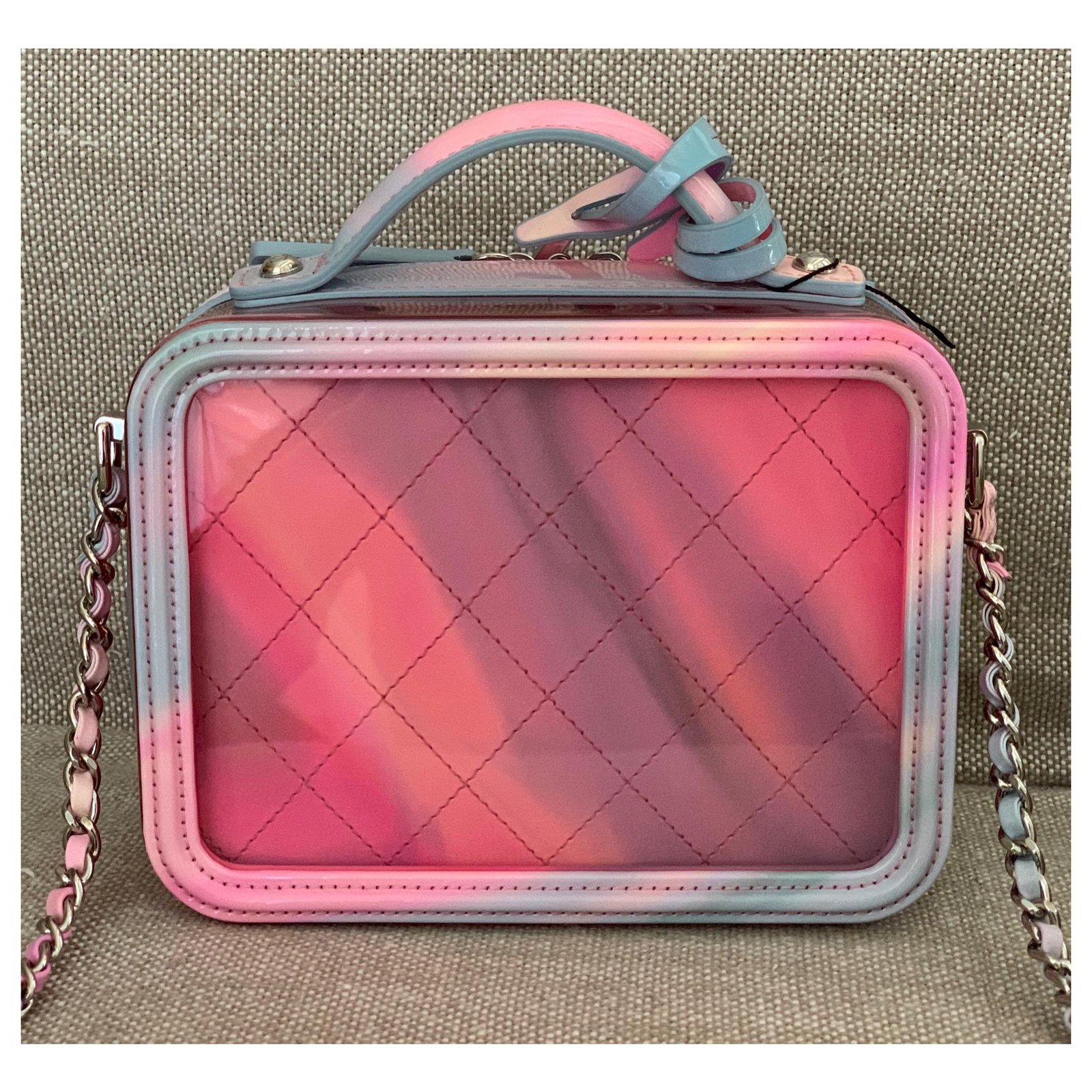Small Pink PVC Vanity Case with Rainbow Patent Leather
