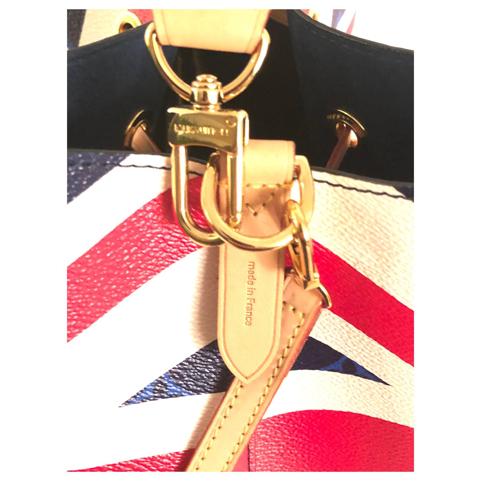 Louis Vuitton Blue Monogram, Red, & White Coated Canvas Royal Wedding Union Jack UK Flag Printed NeoNoe mm Bucket Bag Gold Hardware, 2018 (Very Good)