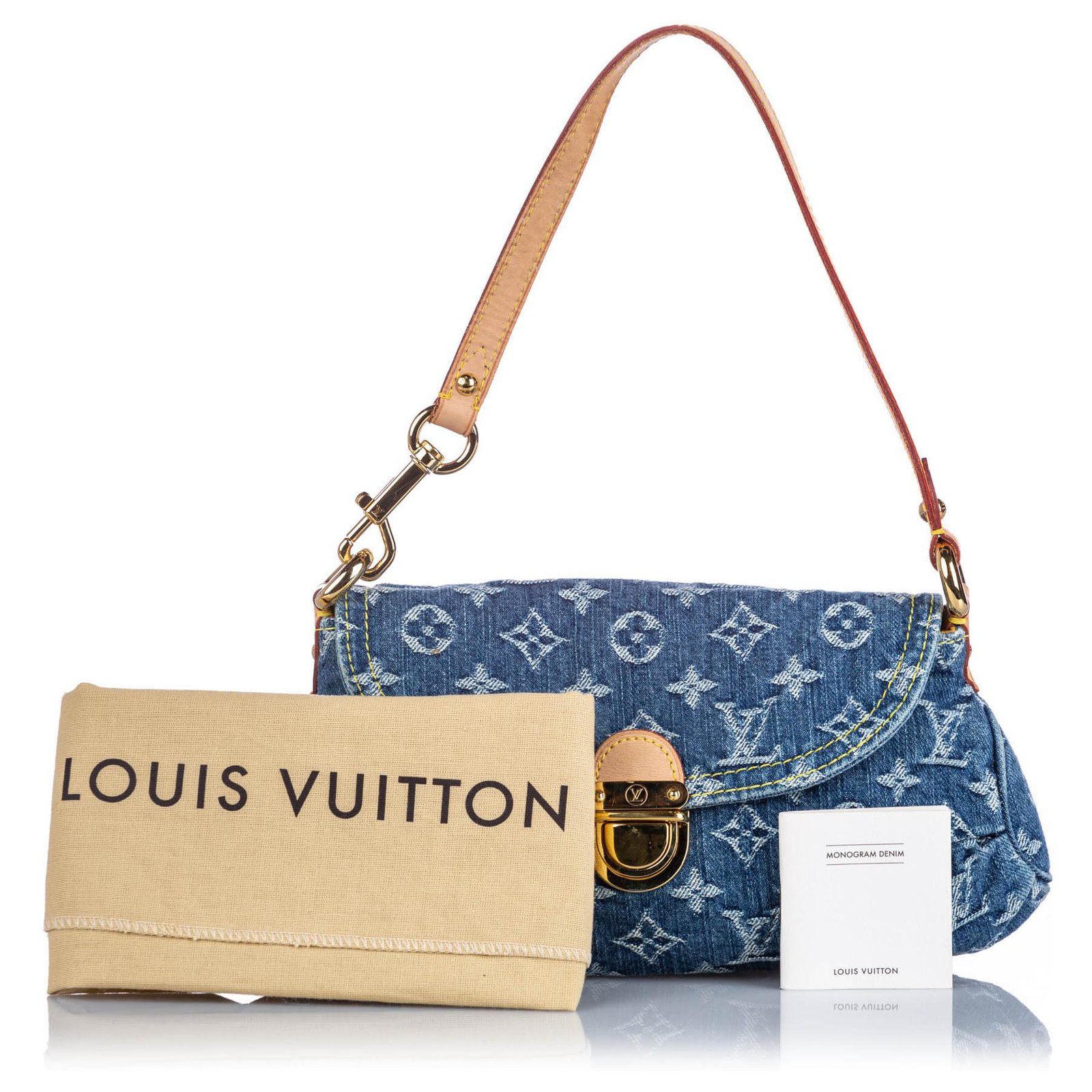 Louis Vuitton Blue Monogram Denim Mini Pleaty Brown Leather Cloth