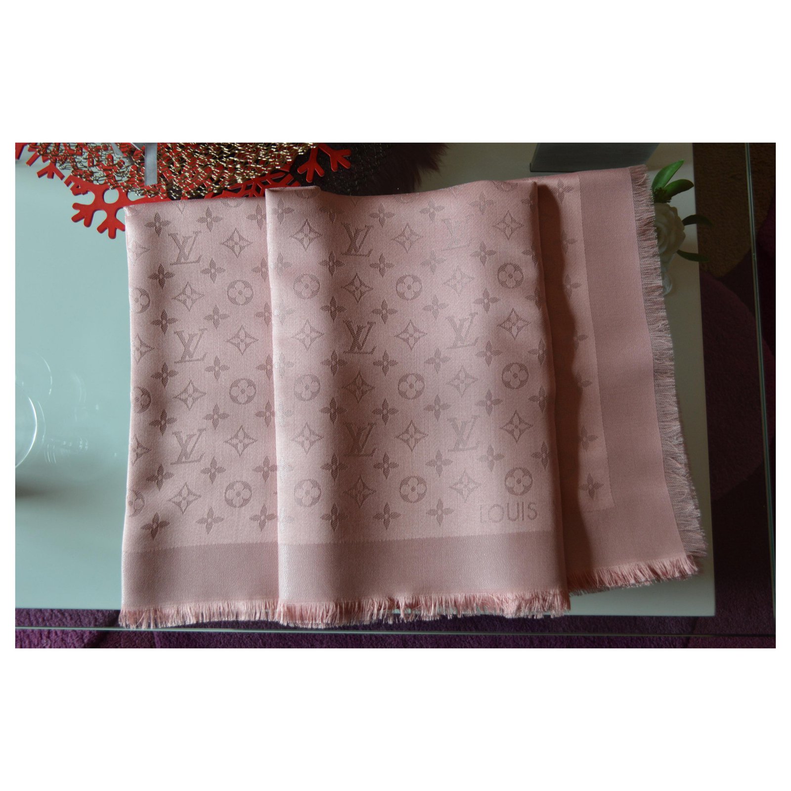 LOUIS VUITTON Silk Wool Monogram Shawl Velvet Rose 1291248