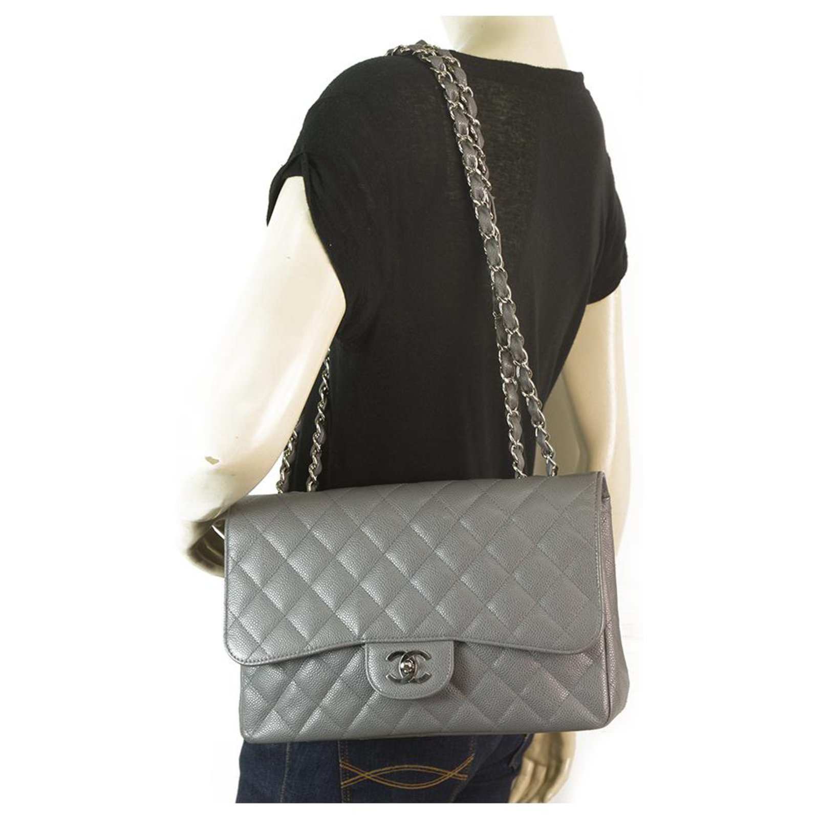 Chanel Grey suede caviar Jumbo flap bag Leather ref.175840 - Joli